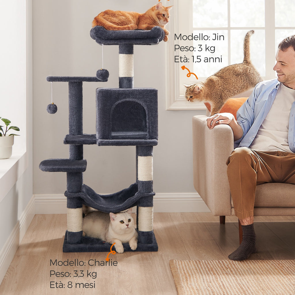 Feandrea Albero per Gatti 112 cm di Altezza, Tiragraffi per Gatti, con 4 Posti Tiragraffi, 2 Piattaforme, 1 Grotta, 1 Amaca, 2 Pompon, Peluche Multi-Livello