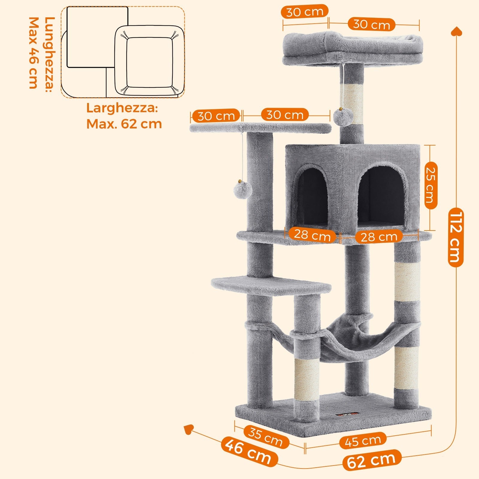 Feandrea Albero per Gatti 112 cm di Altezza, Tiragraffi per Gatti, con 4 Posti Tiragraffi, 2 Piattaforme, 1 Grotta, 1 Amaca, 2 Pompon, Peluche Multi-Livello