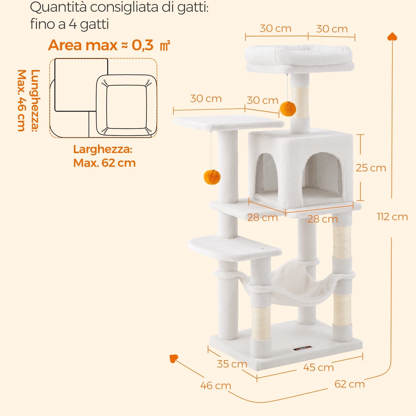 Feandrea Albero per Gatti 112 cm di Altezza, Tiragraffi per Gatti, con 4 Posti Tiragraffi, 2 Piattaforme, 1 Grotta, 1 Amaca, 2 Pompon, Peluche Multi-Livello
