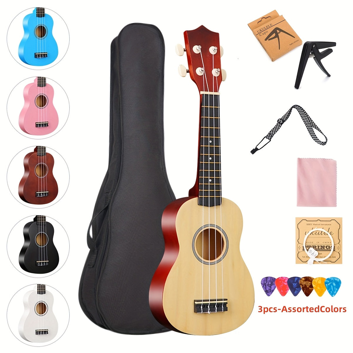 Ukulele Professionale 53,34 cm con Zaino, Tracolla, Corde e Panno - 3 Plettri Inclusi