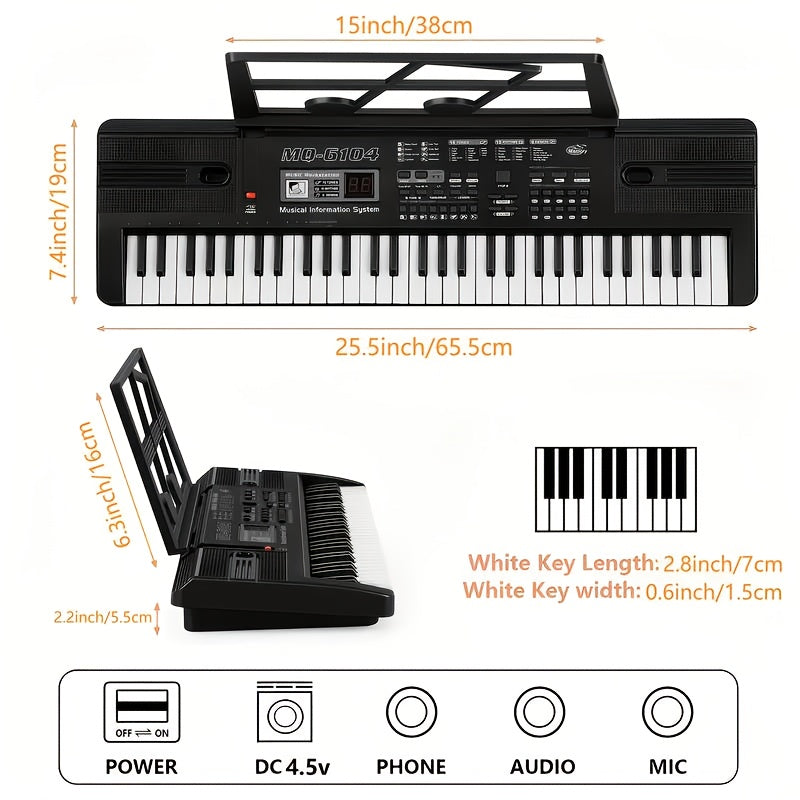 Pianoforte Digitale Portatile 61 Tasti con Microfono Integrato - Piano Elettrico Full Size, Alimentazione USB/Batteria, Design Leggero e Compatto per Casa, Viaggio, Studio - Ideale per Principianti e Adulti