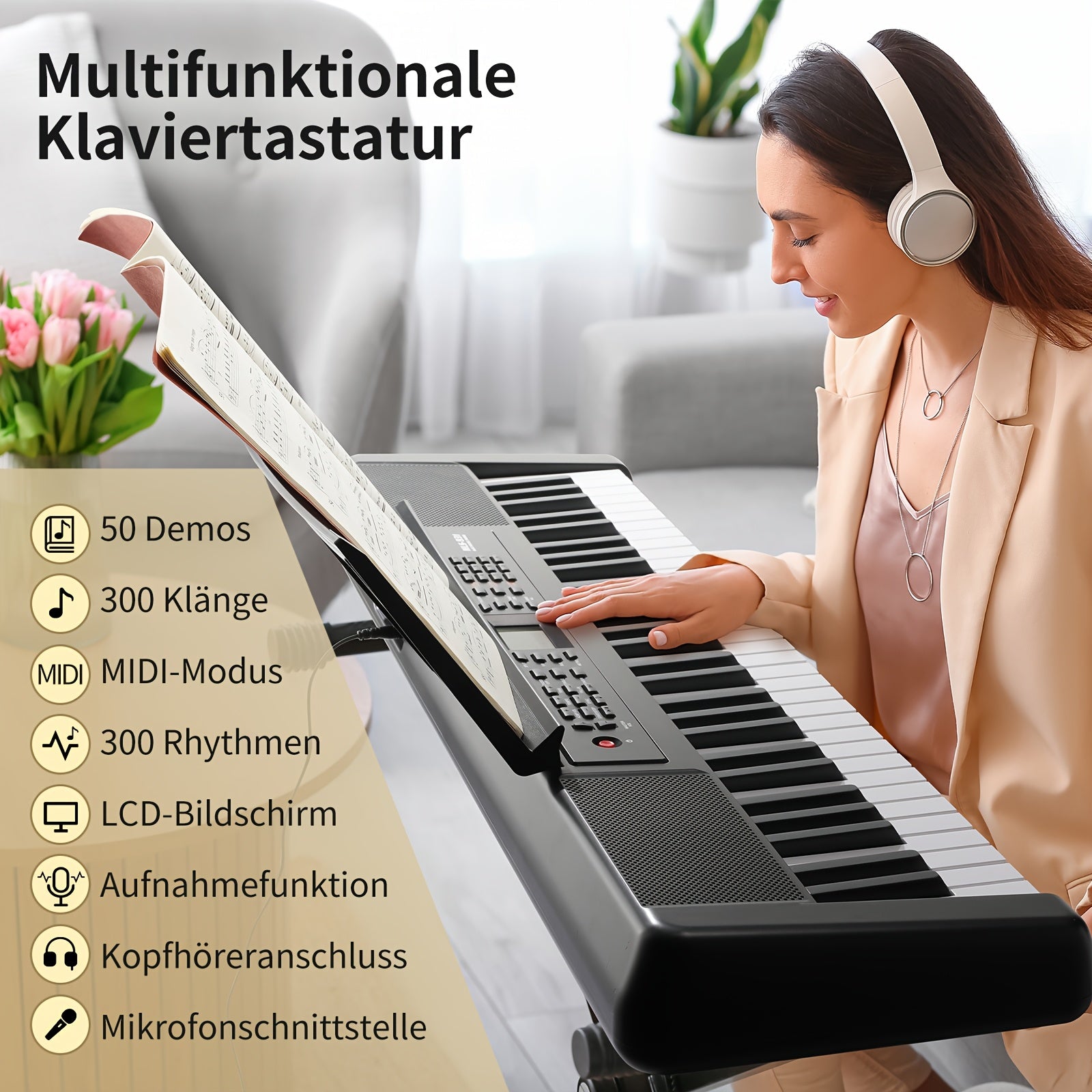 Tastiera Elettronica Portatile 61 Tasti, Pianoforte Digitale per Principianti con 300 Timbri, Display LCD, USB-MIDI, Leggio e Uscita Cuffie