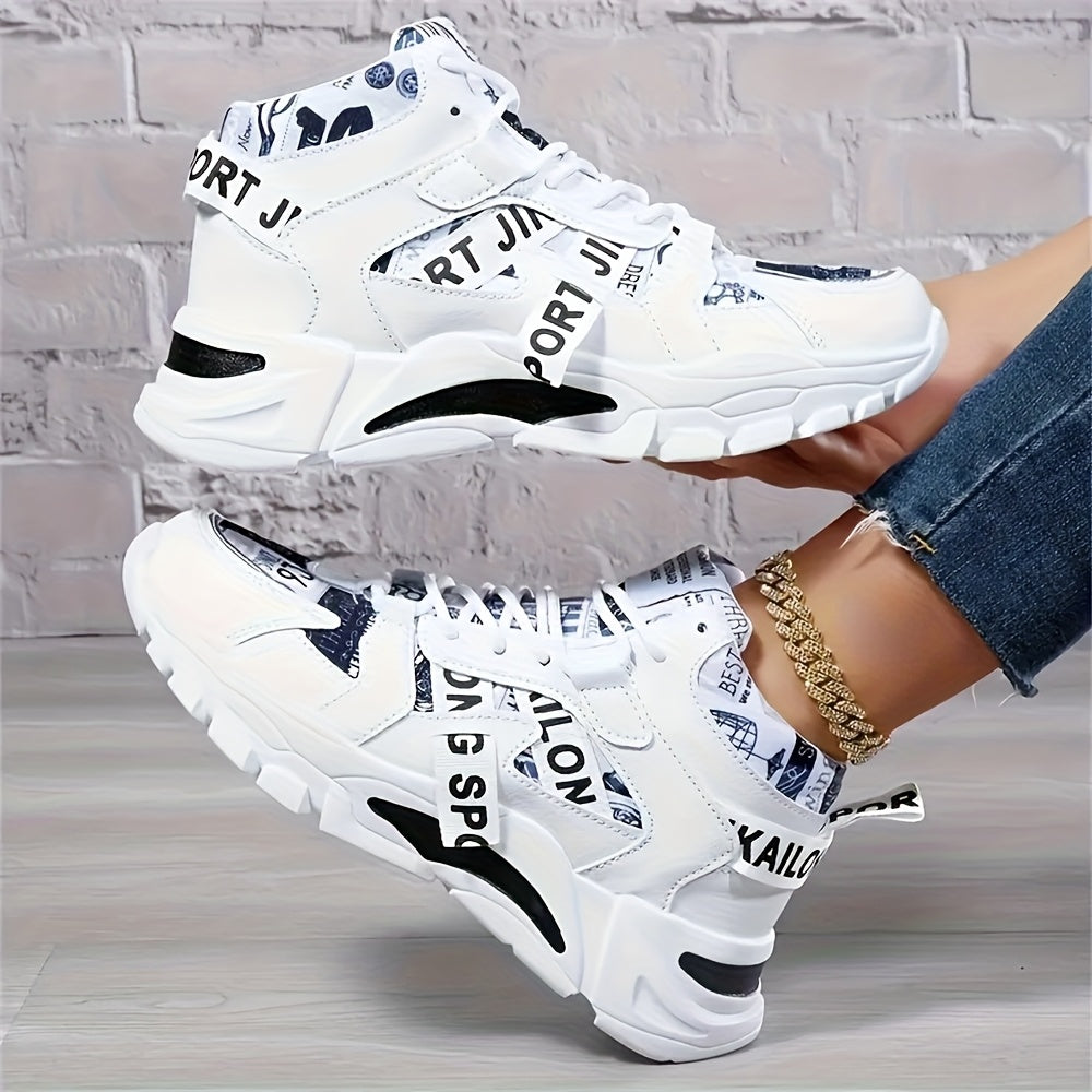 Sneakers Alte da Donna - Bianche con Accenti Graffiti Nero/Rosso/Grigio - Tomaia Sintetica Traspirante e Arco Ammortizzato EVA - Scarpe per Palestra, Viaggio e Lavoro - Lacci Bianchi e Opzioni Colore Nero/Rosso/Bianco