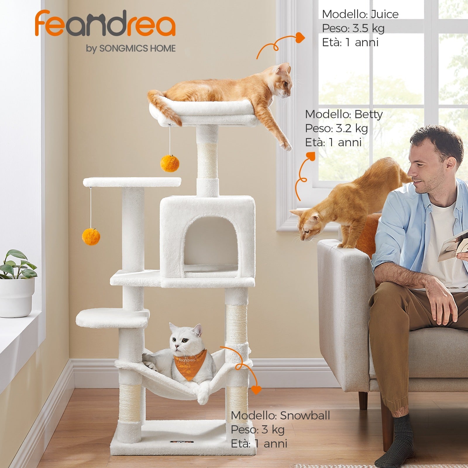 Feandrea Albero per Gatti 112 cm di Altezza, Tiragraffi per Gatti, con 4 Posti Tiragraffi, 2 Piattaforme, 1 Grotta, 1 Amaca, 2 Pompon, Peluche Multi-Livello