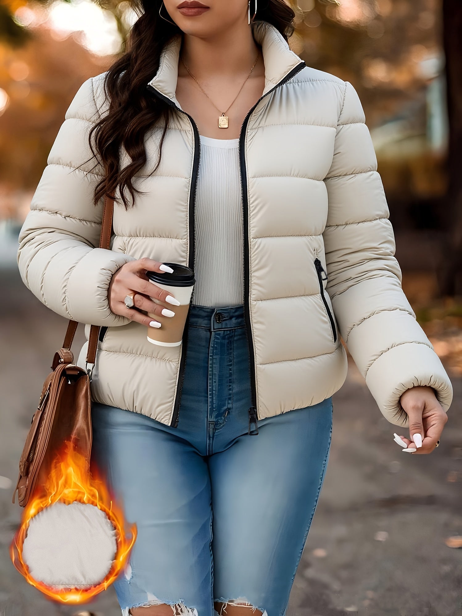 Giacca Invernale Donna Elegante con Zip Integrale - Cappotto Beige/Bianco a Silhouette A-Line con Collo Alto, Lavabile in Lavatrice per Occasioni Casual e Formali