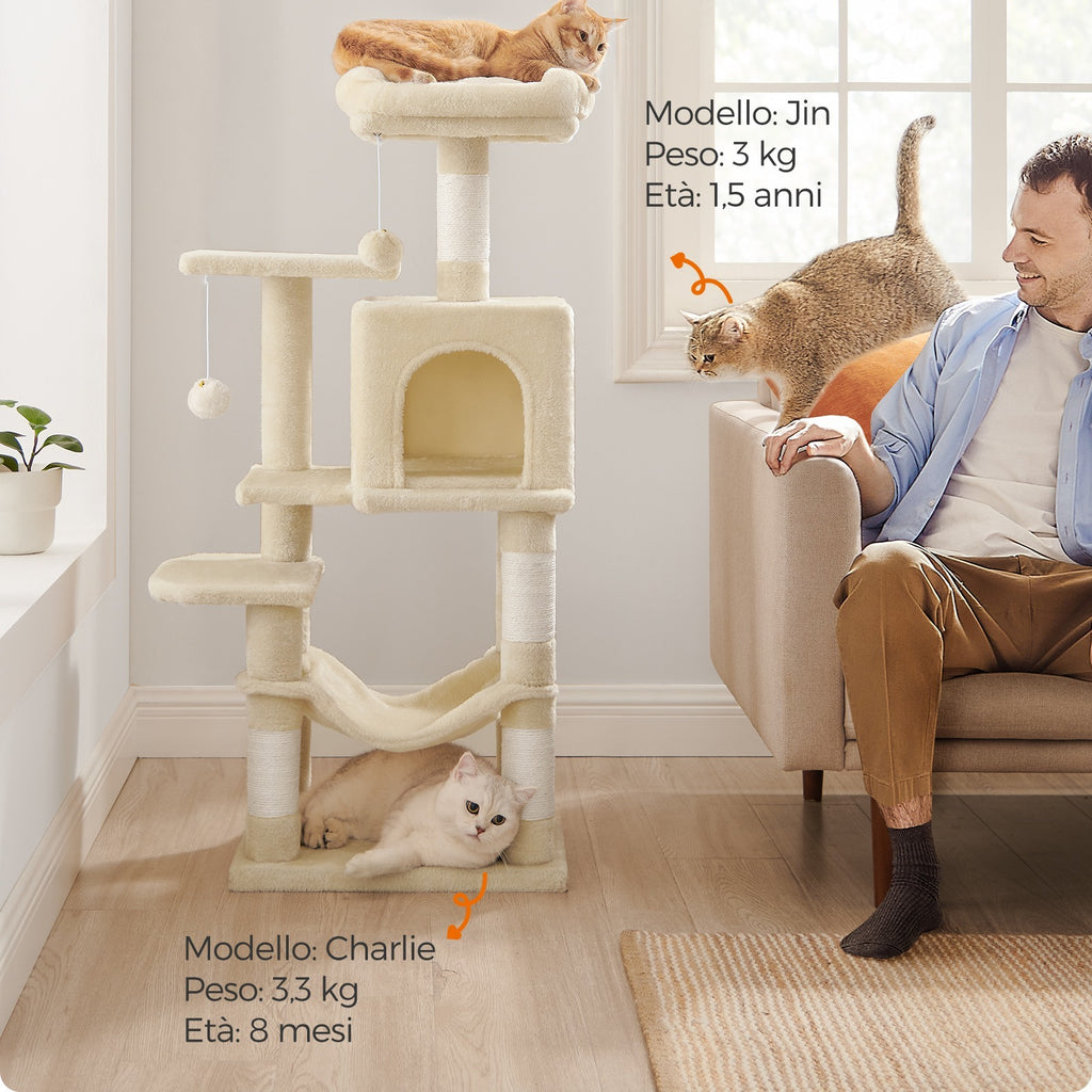 Feandrea Albero per Gatti 112 cm di Altezza, Tiragraffi per Gatti, con 4 Posti Tiragraffi, 2 Piattaforme, 1 Grotta, 1 Amaca, 2 Pompon, Peluche Multi-Livello