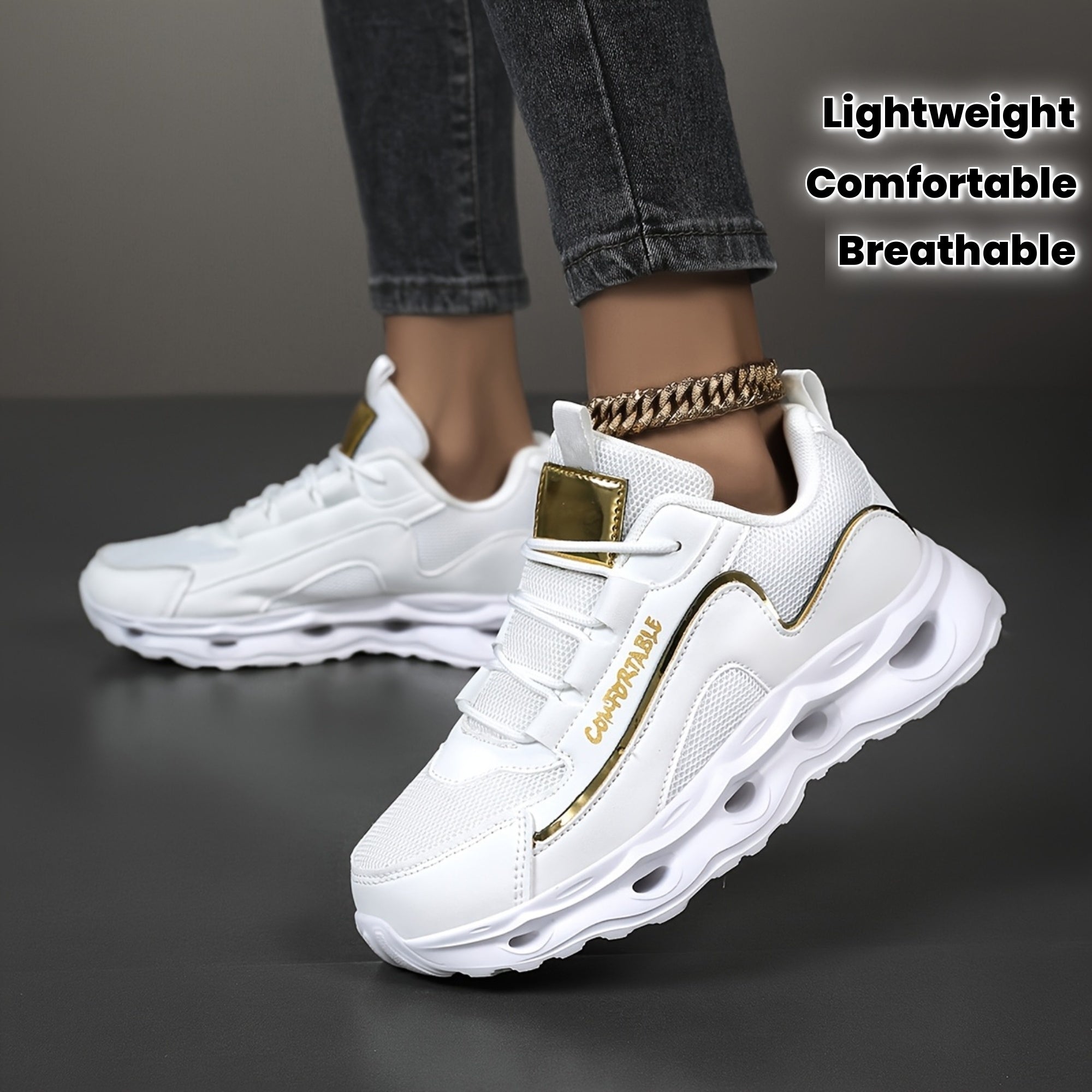 Sneakers da Corsa Donna in Mesh Traspirante - Scarpe Sportive Leggere con Dettagli Dorati, Design Low-Top Allacciato per Comfort Tutto il Giorno