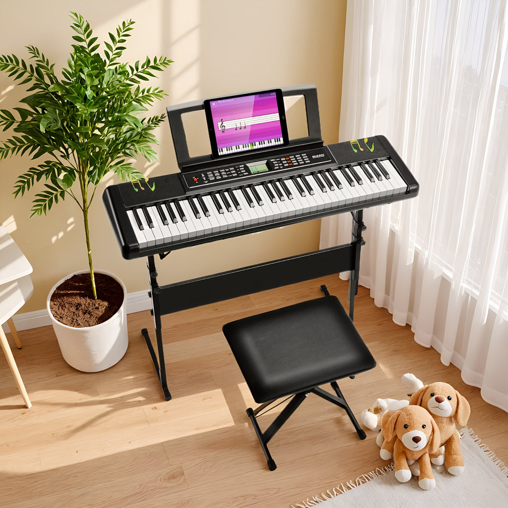 Tastiera Elettronica 61 Tasti, Pianoforte Digitale da Palco con Supporto e Panca, 300 Timbri MIDI Standard Integrati, 50 Brani Demo, Funzione MIDI, Idea Regalo per Natale, Compleanno e Festa degli Insegnanti