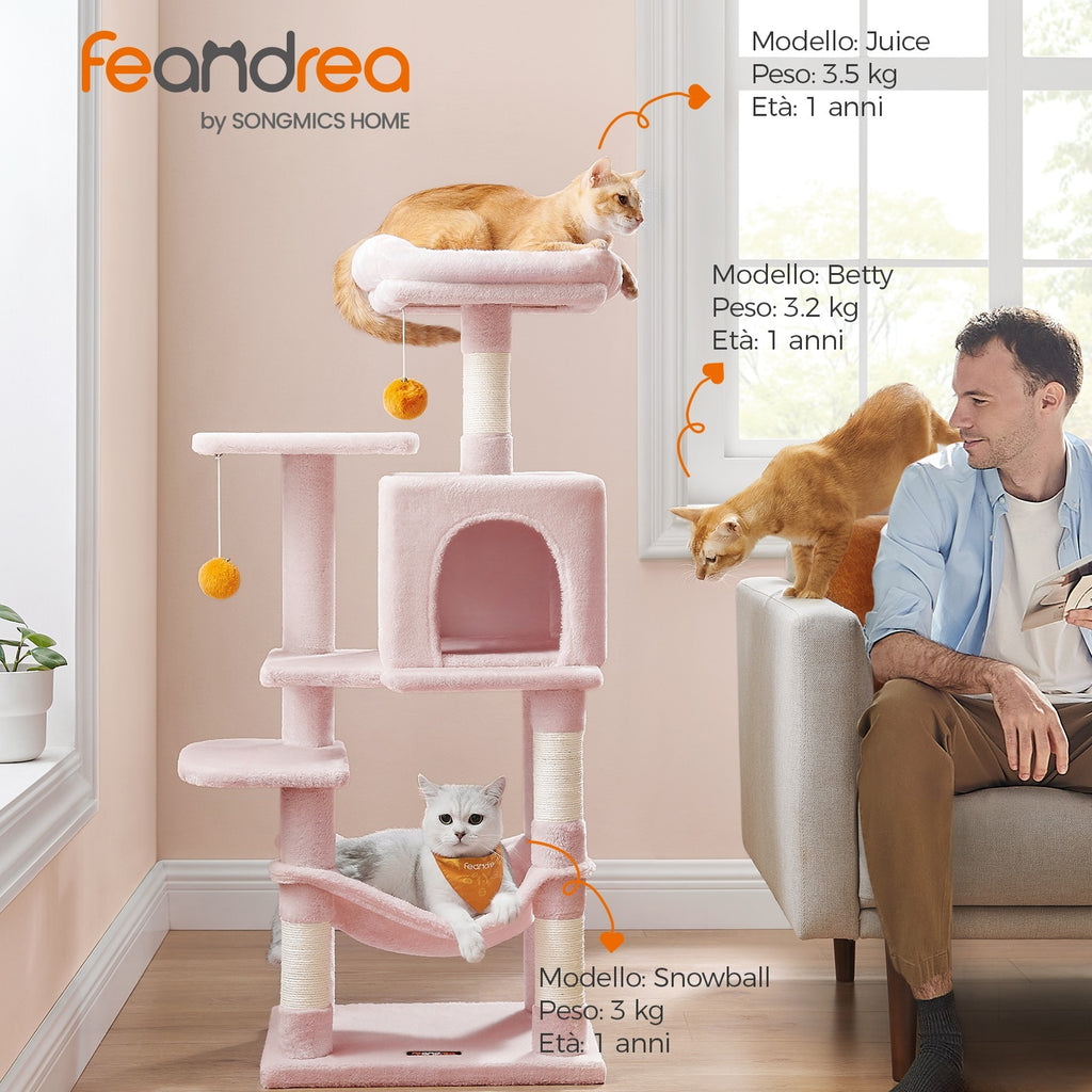 Feandrea Albero per Gatti 112 cm di Altezza, Tiragraffi per Gatti, con 4 Posti Tiragraffi, 2 Piattaforme, 1 Grotta, 1 Amaca, 2 Pompon, Peluche Multi-Livello