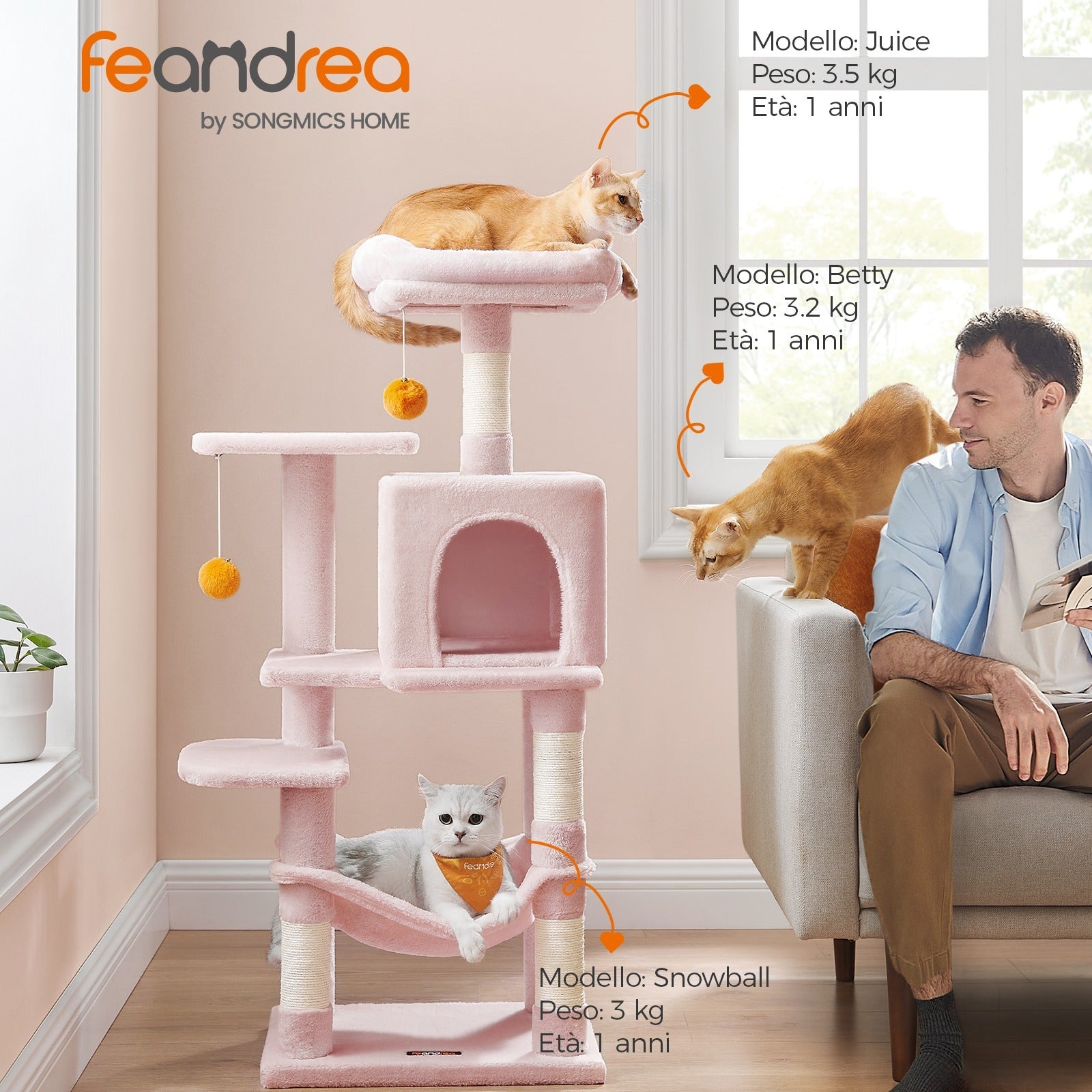 Feandrea Albero per Gatti 112 cm di Altezza, Tiragraffi per Gatti, con 4 Posti Tiragraffi, 2 Piattaforme, 1 Grotta, 1 Amaca, 2 Pompon, Peluche Multi-Livello