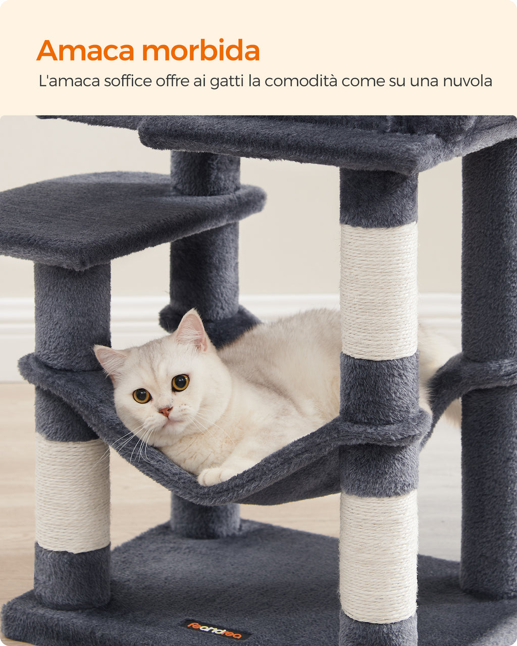 Feandrea Albero per Gatti 112 cm di Altezza, Tiragraffi per Gatti, con 4 Posti Tiragraffi, 2 Piattaforme, 1 Grotta, 1 Amaca, 2 Pompon, Peluche Multi-Livello