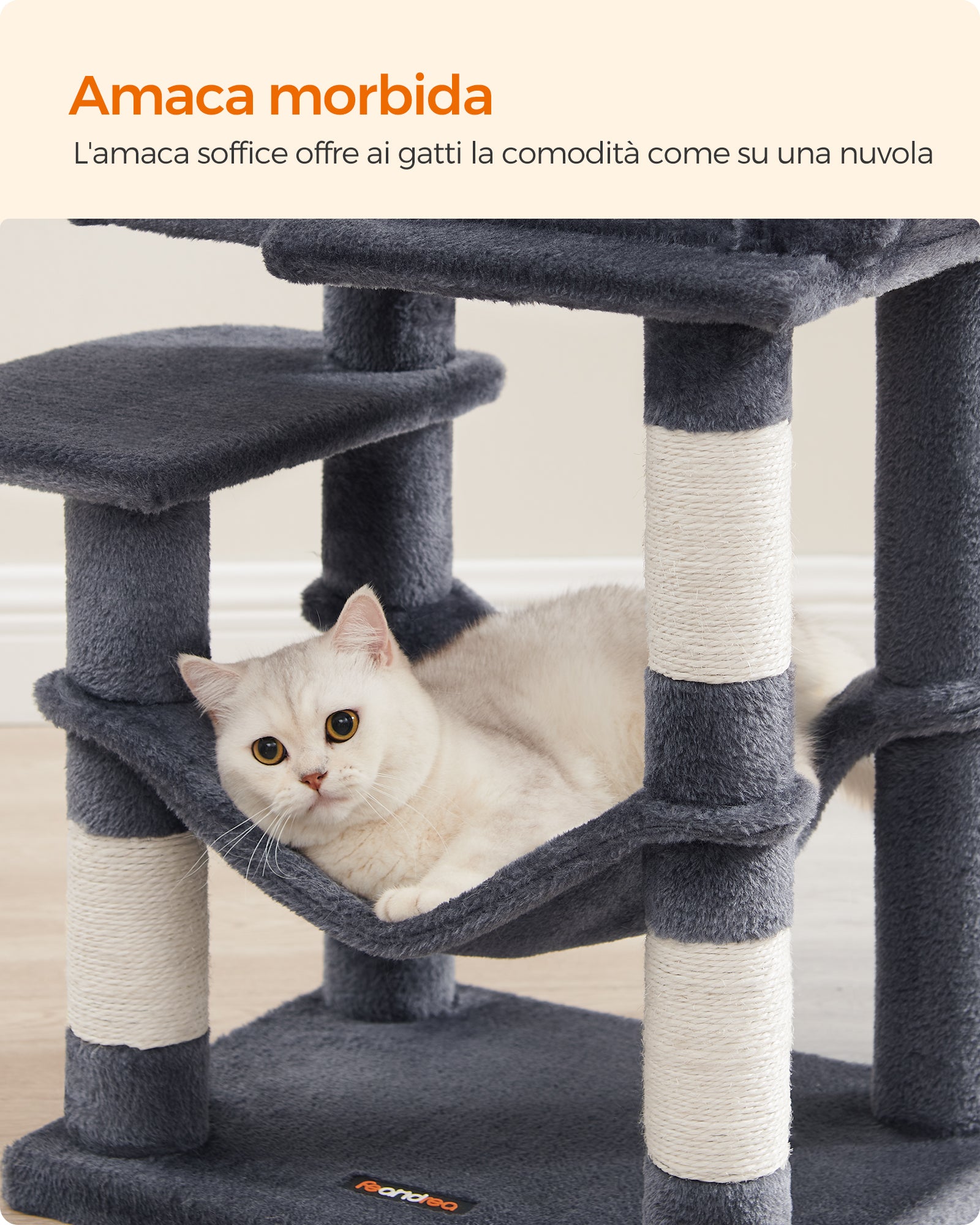Feandrea Albero per Gatti 112 cm di Altezza, Tiragraffi per Gatti, con 4 Posti Tiragraffi, 2 Piattaforme, 1 Grotta, 1 Amaca, 2 Pompon, Peluche Multi-Livello