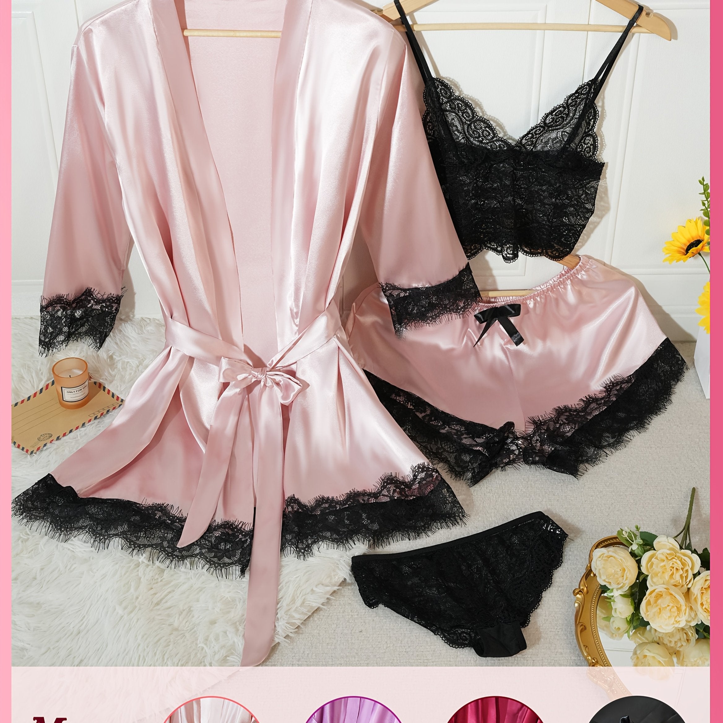 Set Intimo Elegante da Donna 4 Pezzi - Vestaglia a Maniche Lunghe con Pizzo e Coordinato Intimo (Reggiseno e Slip a Vita Alta) - Rosa/Nero/Blu Navy - Lavaggio a Mano