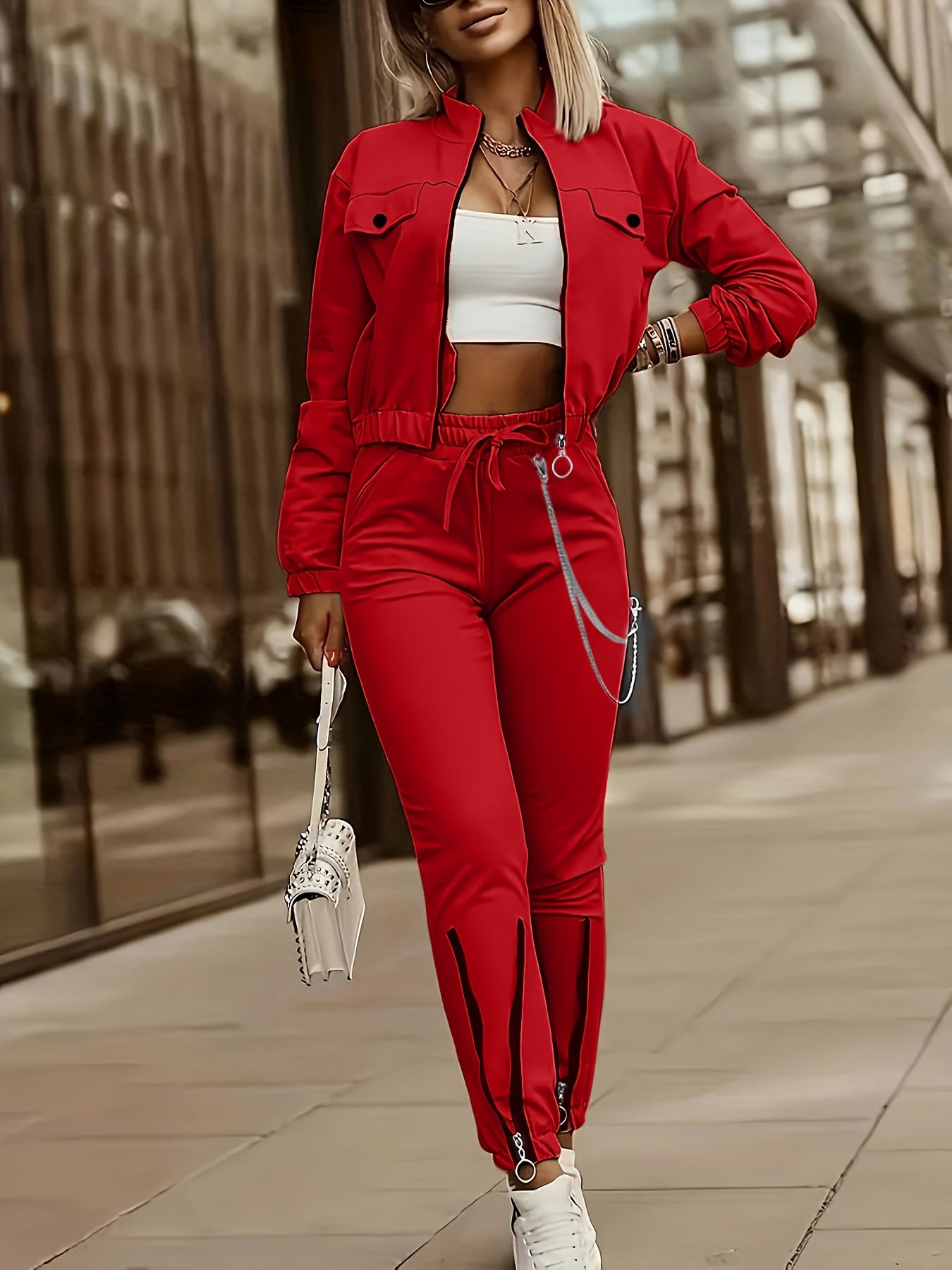 Completo Donna Due Pezzi con Zip - Felpa a Maniche Lunghe e Pantaloni a Righe, Stile Casual Elegante, Collezione Autunno/Inverno