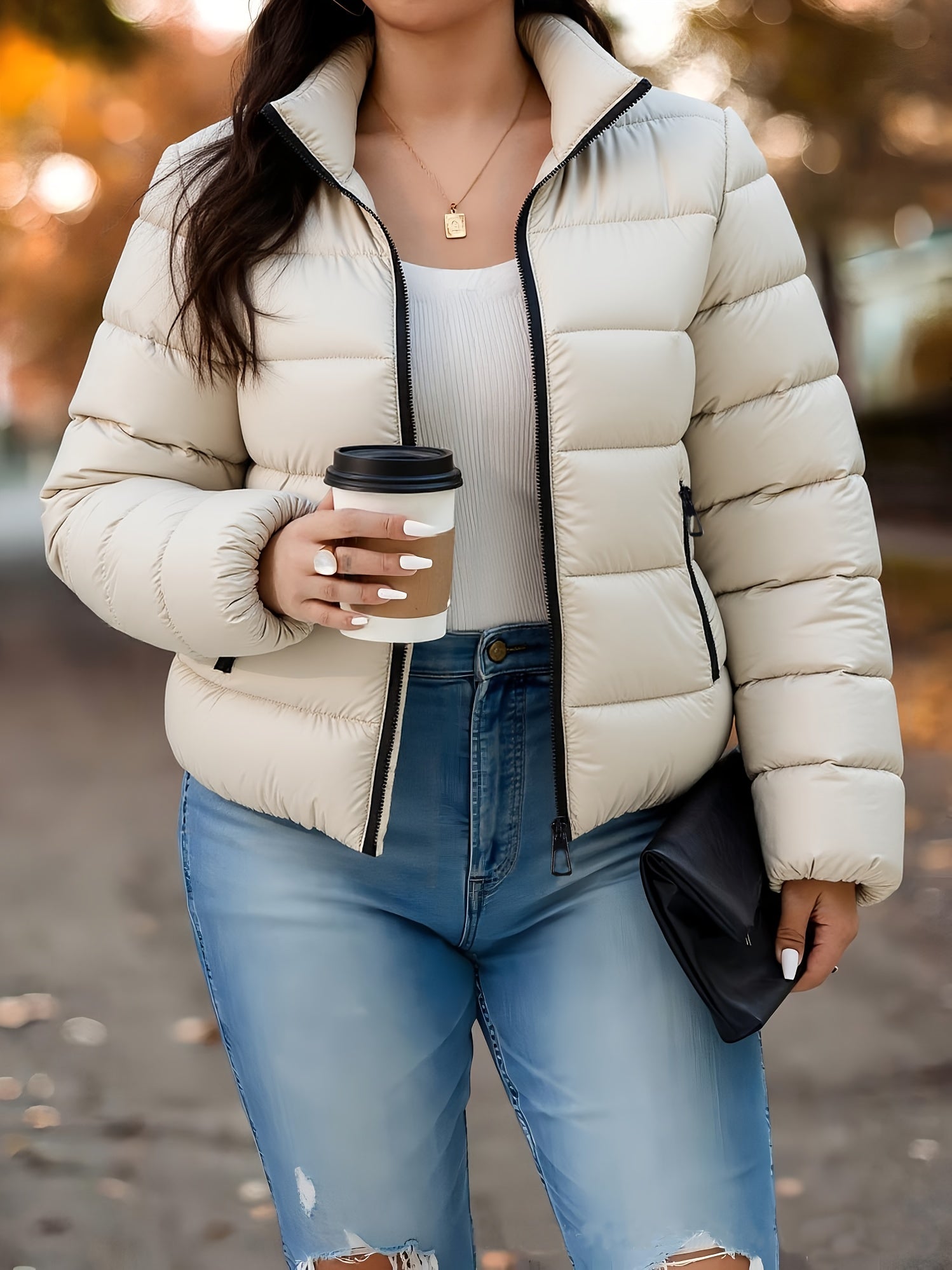 Giacca Invernale Donna Elegante con Zip Integrale - Cappotto Beige/Bianco a Silhouette A-Line con Collo Alto, Lavabile in Lavatrice per Occasioni Casual e Formali