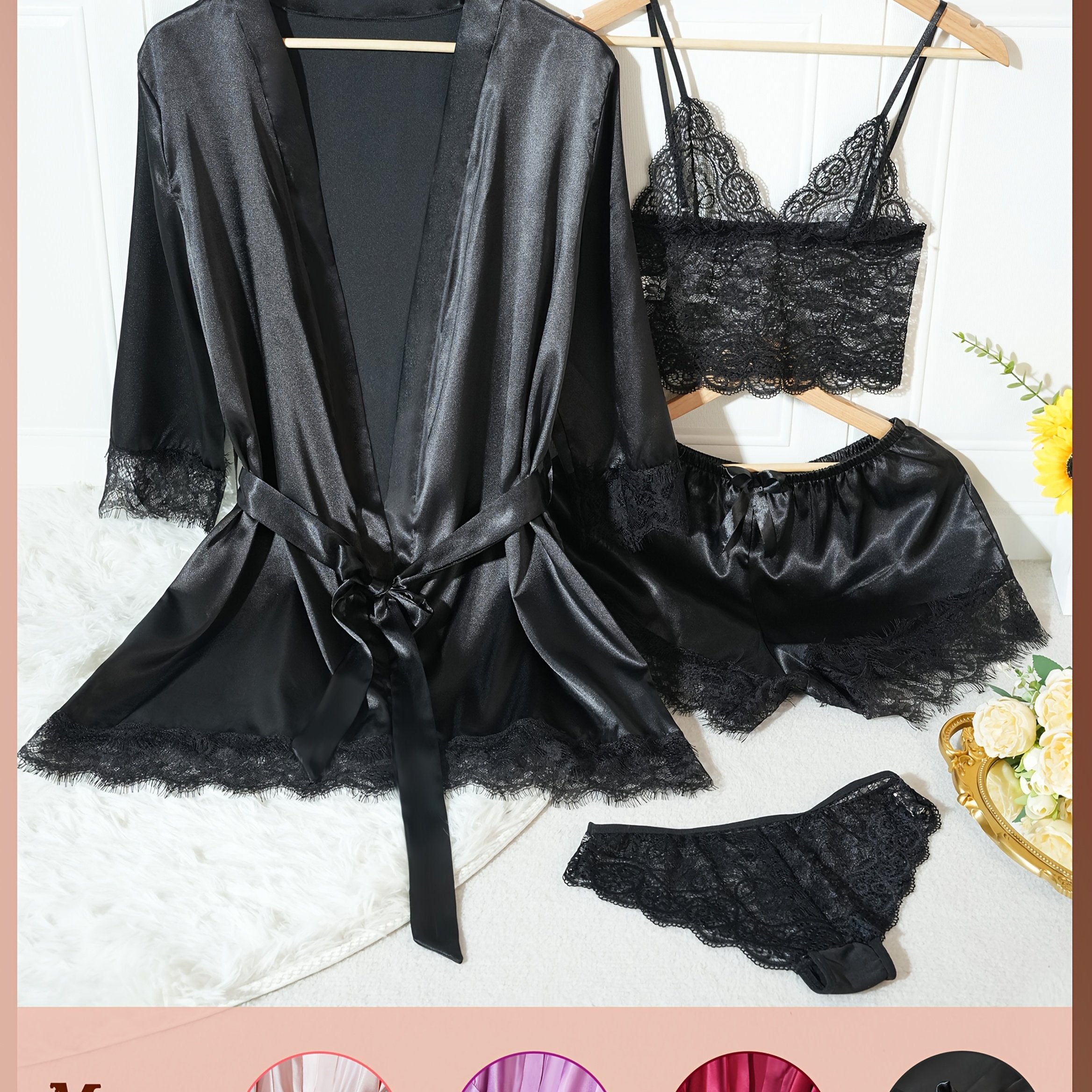 Set Intimo Elegante da Donna 4 Pezzi - Vestaglia a Maniche Lunghe con Pizzo e Coordinato Intimo (Reggiseno e Slip a Vita Alta) - Rosa/Nero/Blu Navy - Lavaggio a Mano