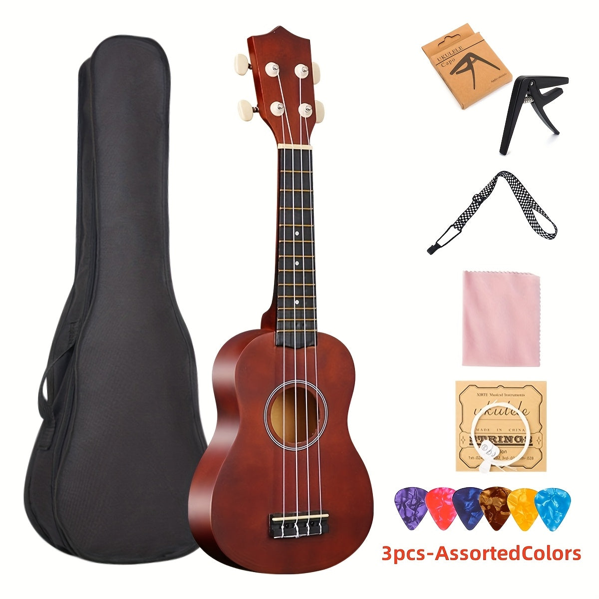Ukulele Professionale 53,34 cm con Zaino, Tracolla, Corde e Panno - 3 Plettri Inclusi