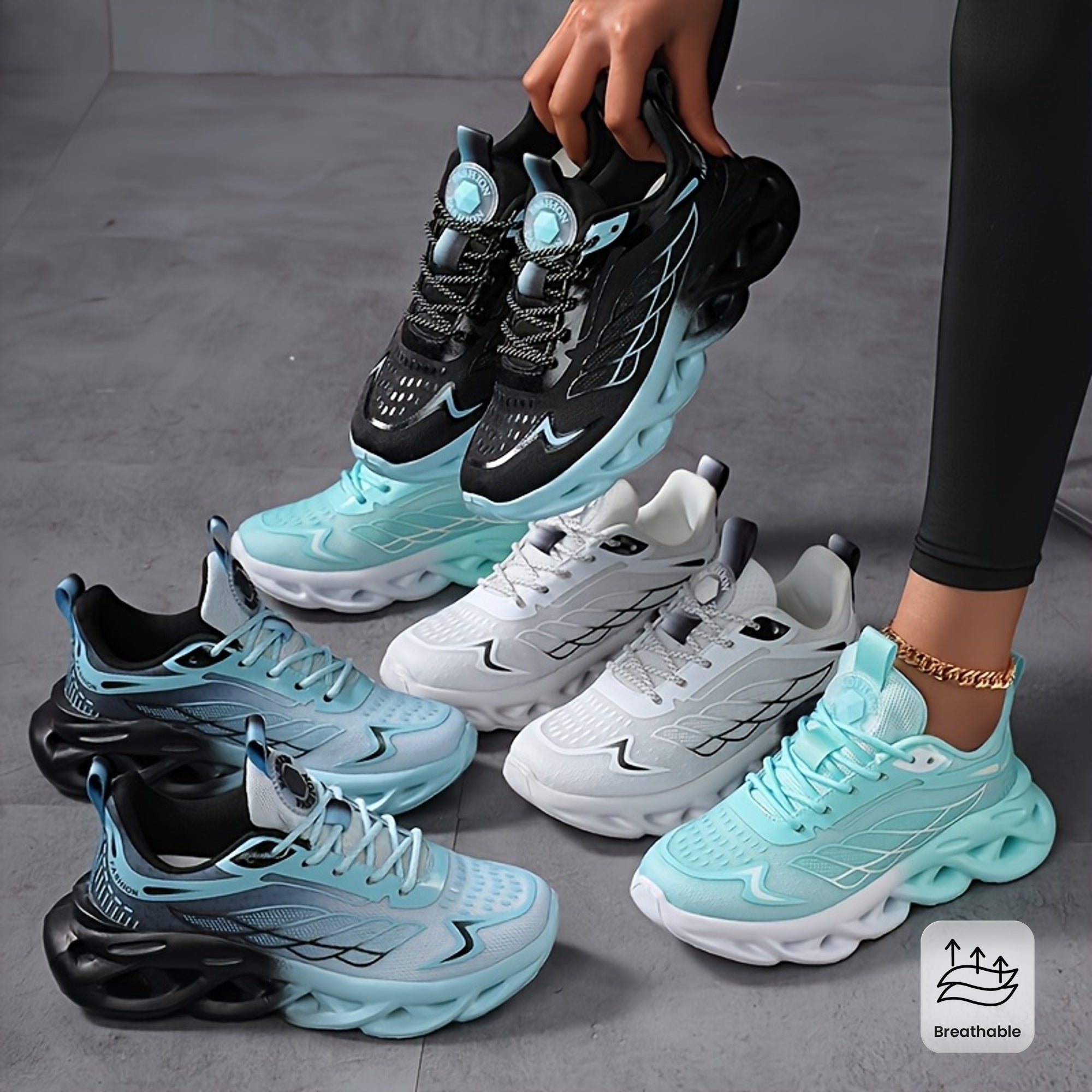 Sneakers da Donna in Mesh Traspirante - Calzature Sportive Leggere con Suola Phylon, Effetto Rialzante, Design Blu e Bianco, Comfort per Tutte le Stagioni