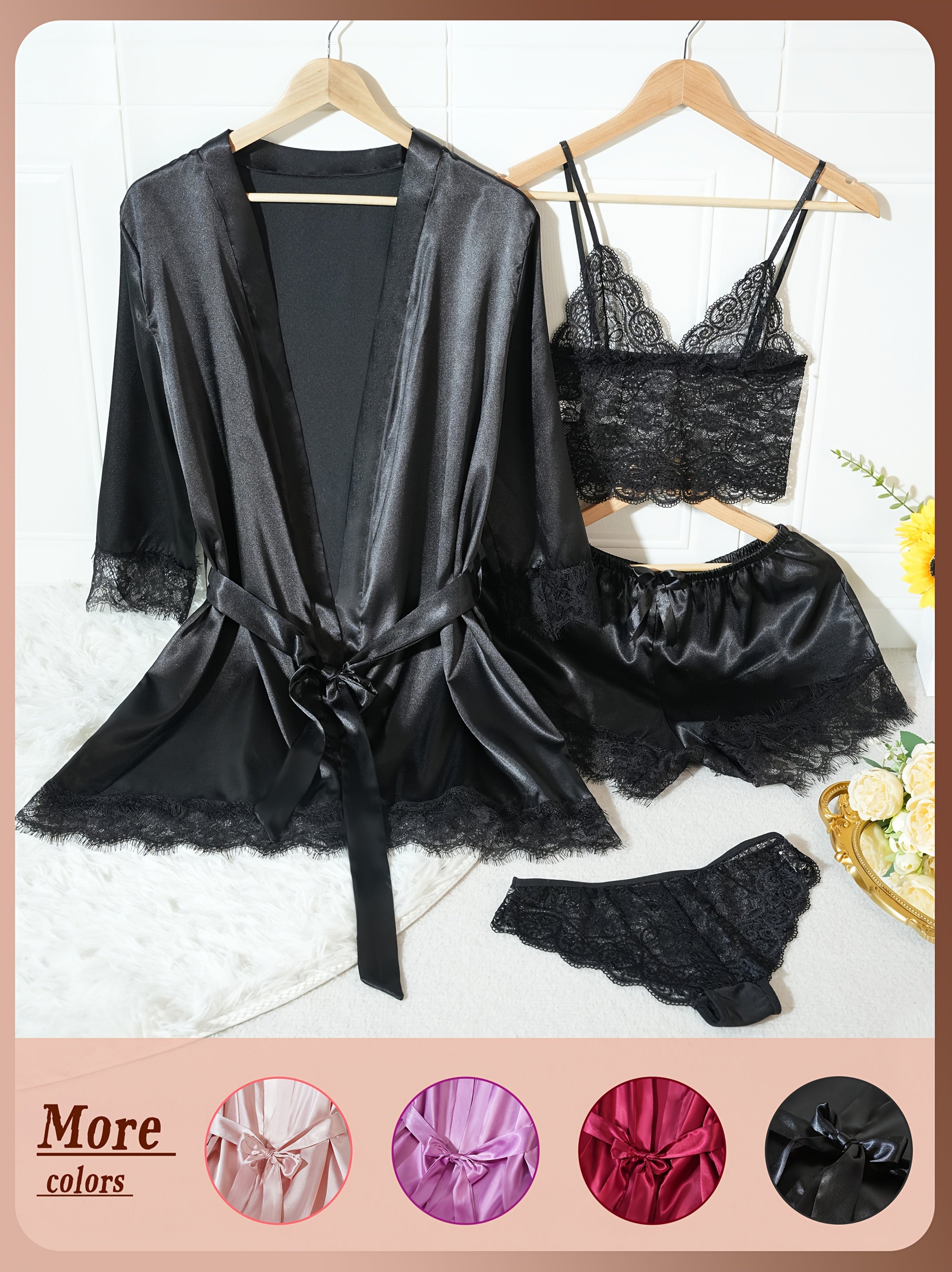 Set Intimo Elegante da Donna 4 Pezzi - Vestaglia a Maniche Lunghe con Pizzo e Coordinato Intimo (Reggiseno e Slip a Vita Alta) - Rosa/Nero/Blu Navy - Lavaggio a Mano