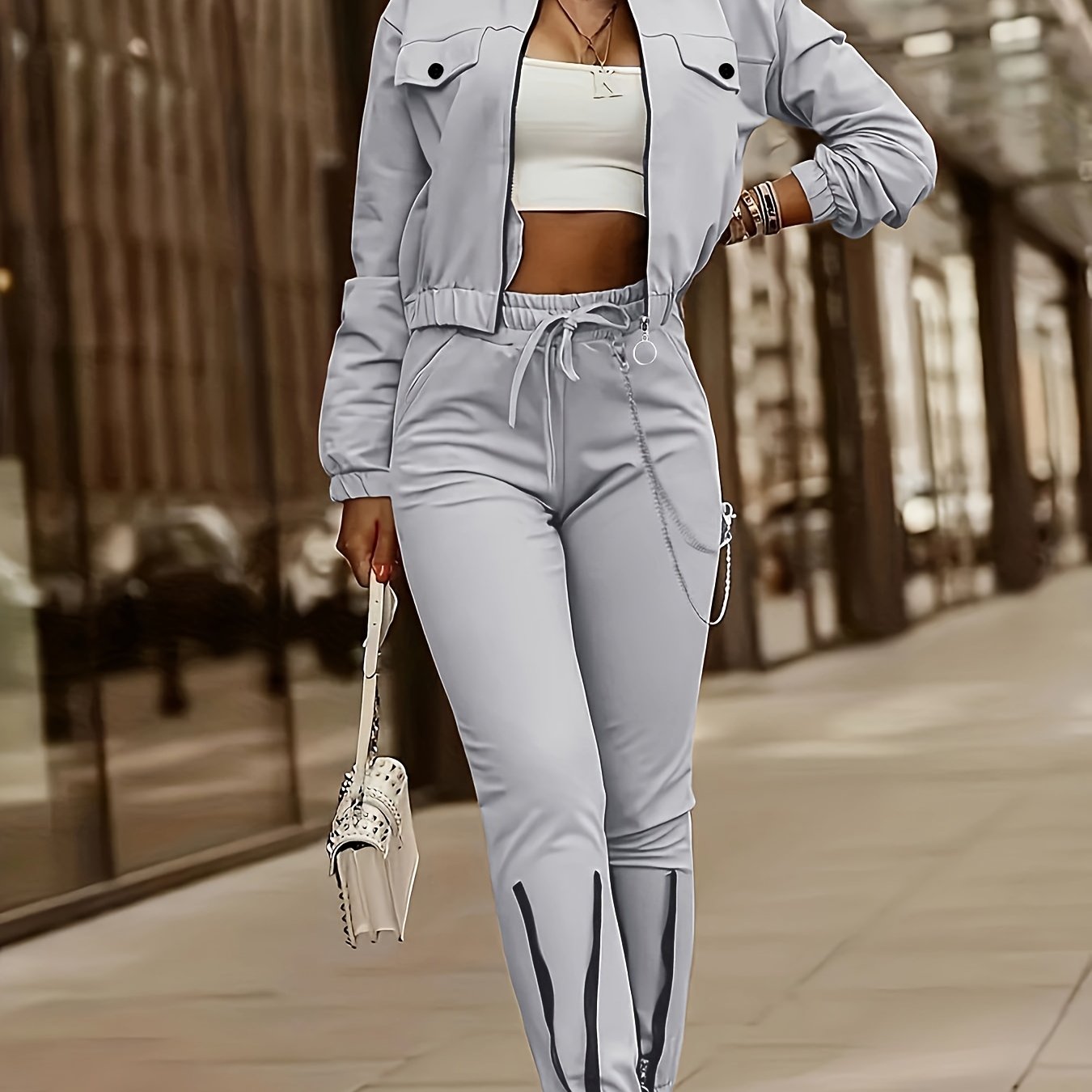 Completo Donna Due Pezzi con Zip - Felpa a Maniche Lunghe e Pantaloni a Righe, Stile Casual Elegante, Collezione Autunno/Inverno