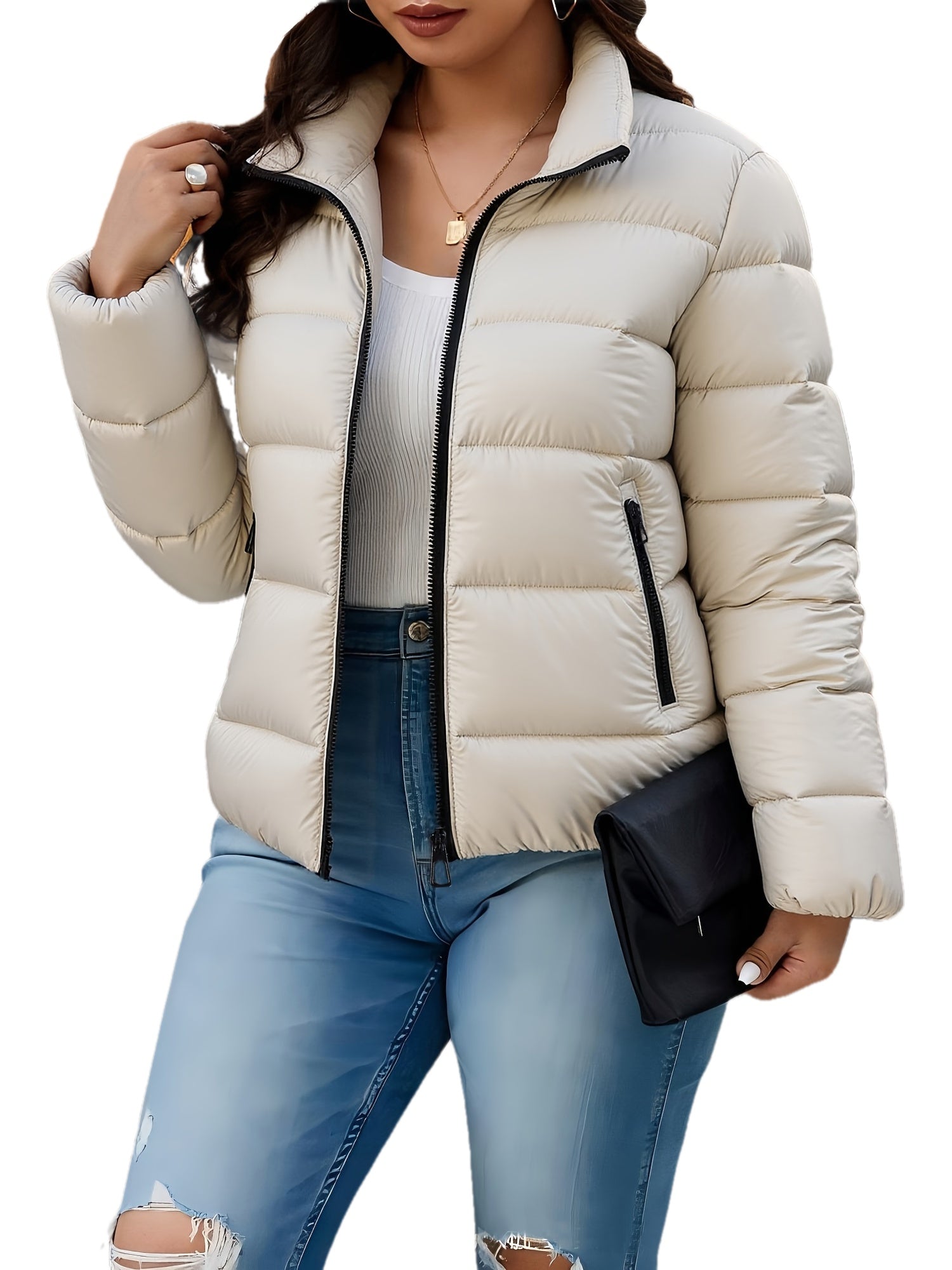 Giacca Invernale Donna Elegante con Zip Integrale - Cappotto Beige/Bianco a Silhouette A-Line con Collo Alto, Lavabile in Lavatrice per Occasioni Casual e Formali