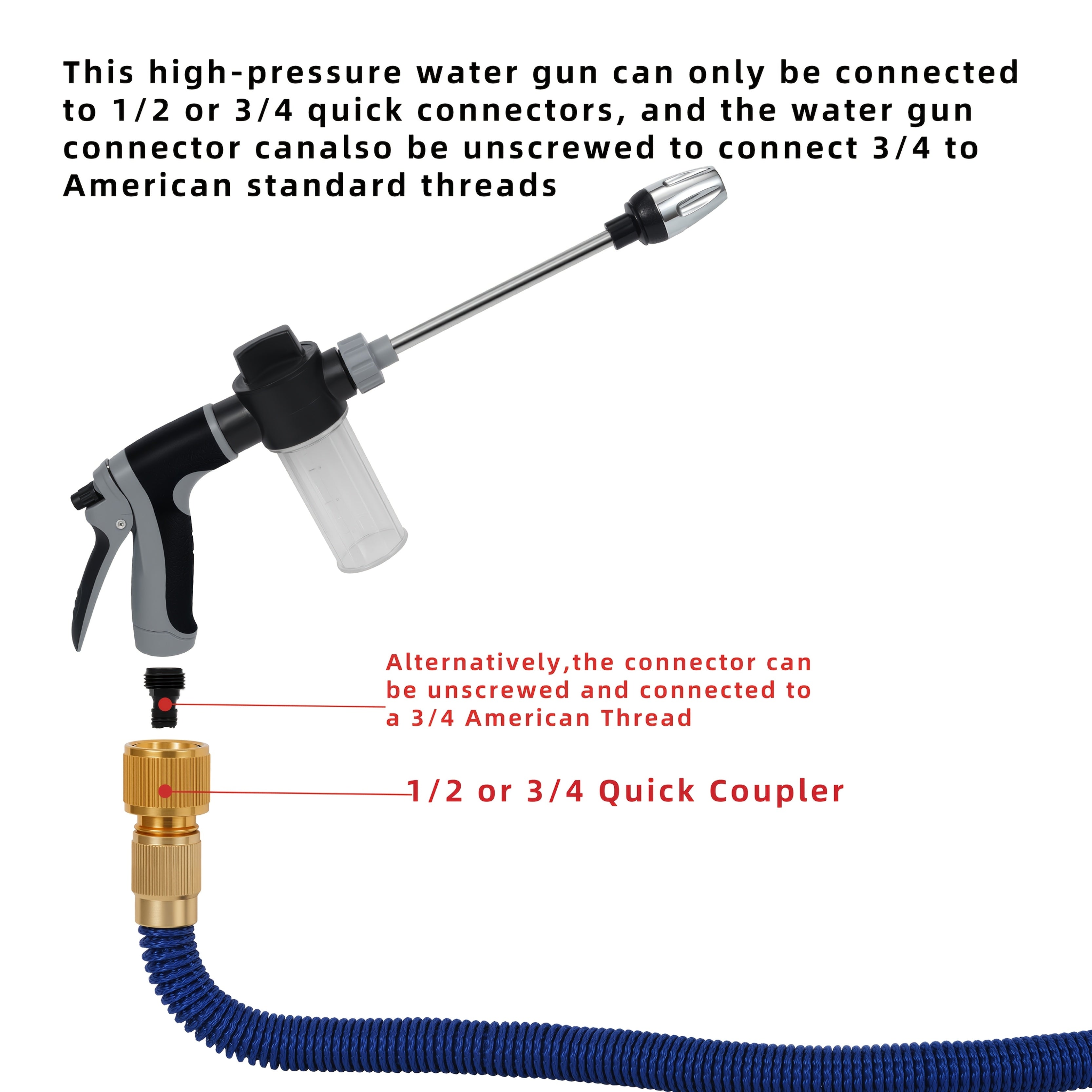 High-Pressure Car Cleaning Water Gun, 3/4 Inch, Garden Hose Nozzle, Watering Hose Sprayer, Home Cleaning Tool, Long Handle Spray Gun, Plastic Materia