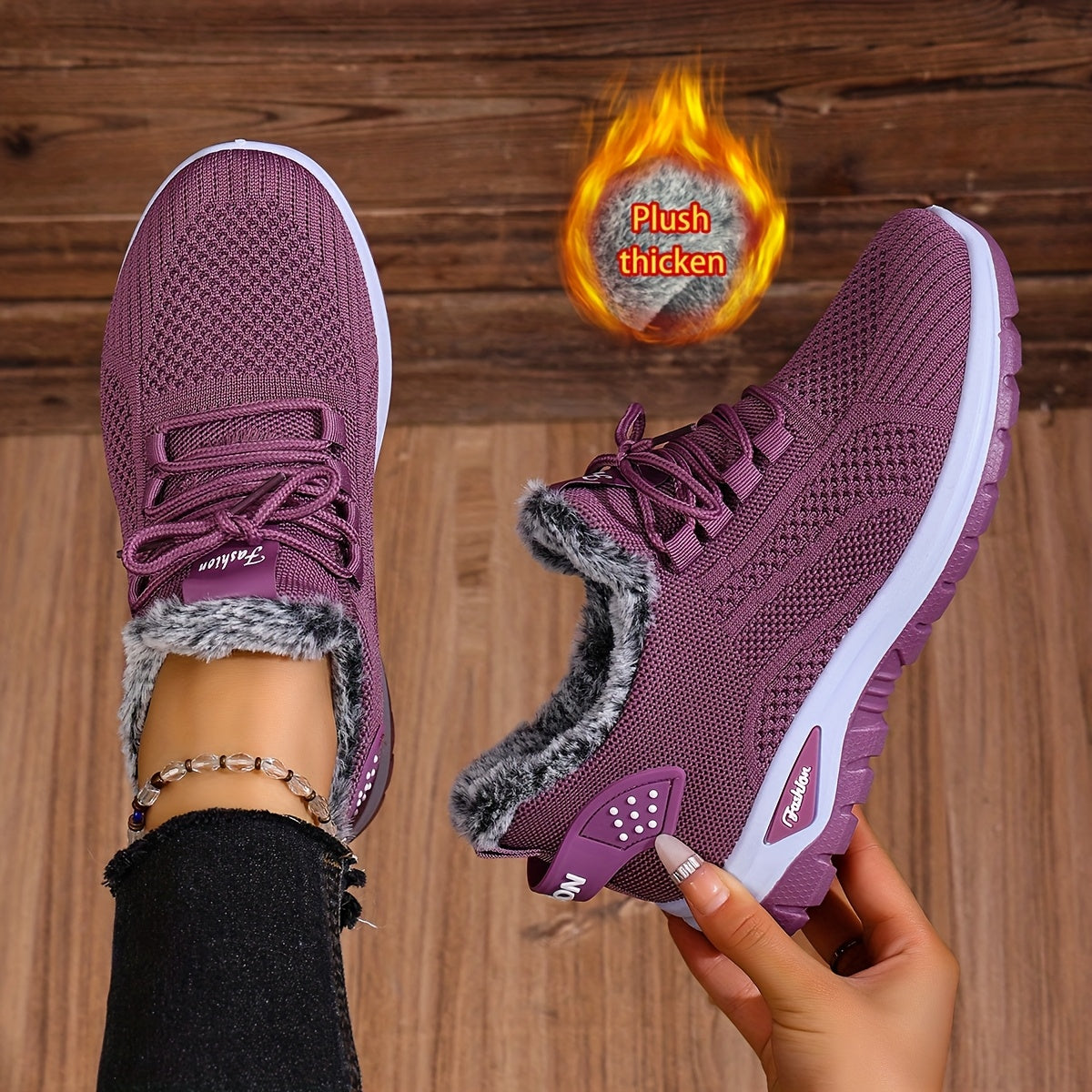 Sneakers Donna Invernali con Lacci e Fodera Calda - Suola Piatta Punta Rotonda - Trazione PU Multi-Terreno per Uso Casual, Outdoor e Quotidiano - Facili da Indossare