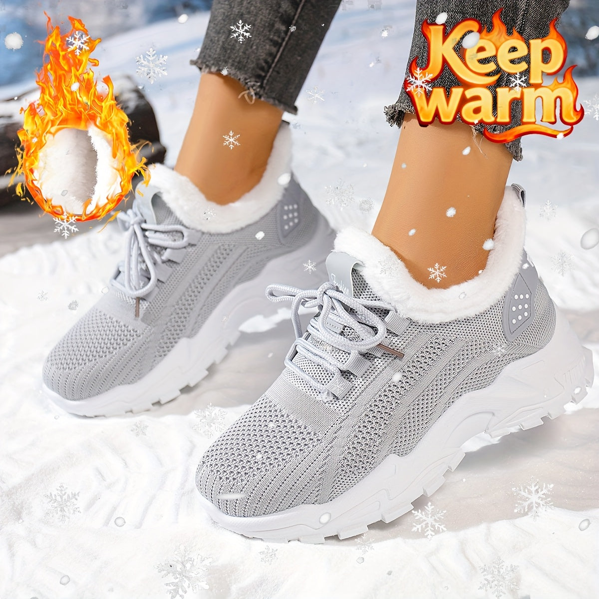 Stivaletti Invernali da Donna con Pelliccia - Stivaletti Corti Grigio/Bianco a Punta Tonda, Allacciatura alla Caviglia e Suola in PVC Antiscivolo per Ghiaccio - Comfort per Sci, Passeggiate e Viaggi (Leggeri)