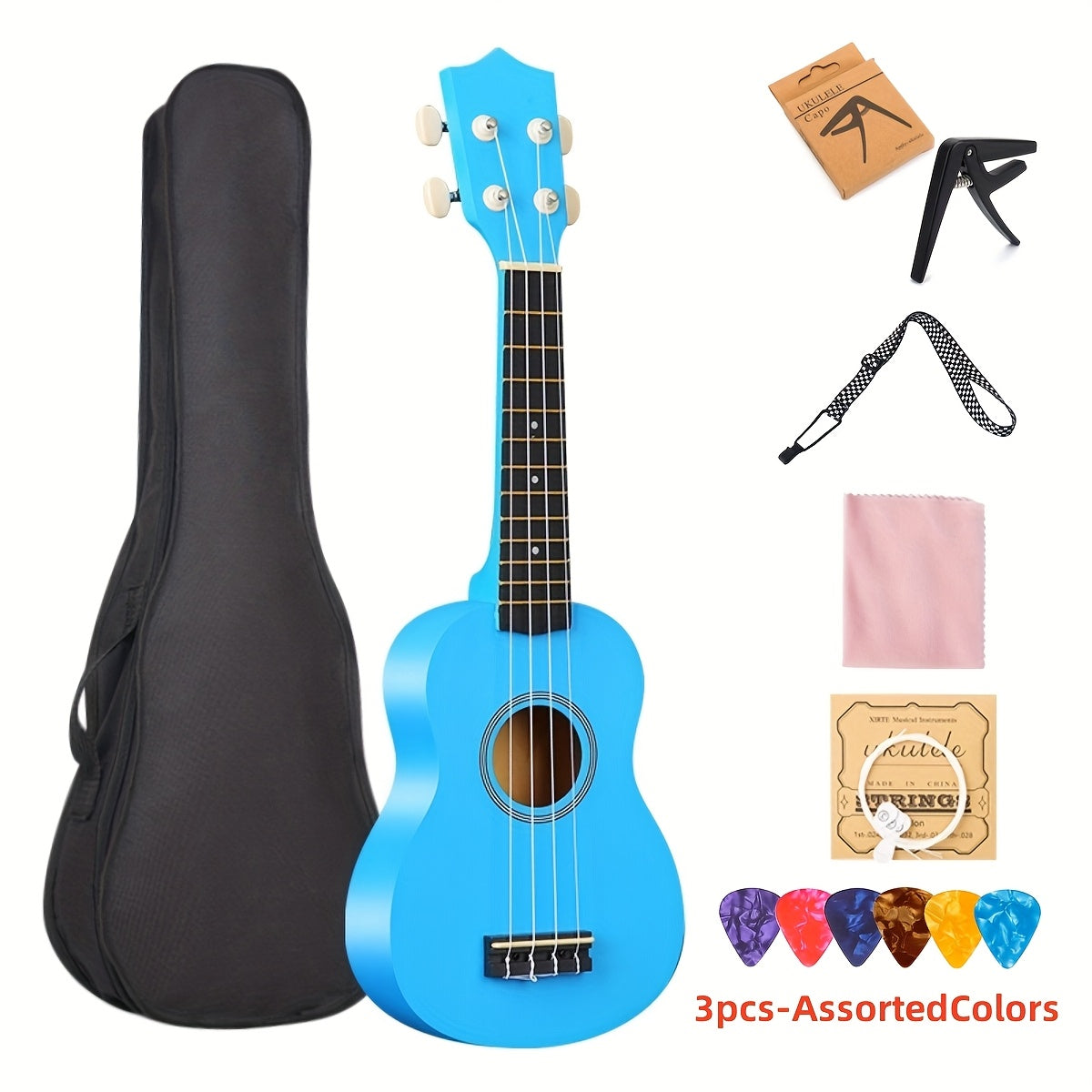 Ukulele Professionale 53,34 cm con Zaino, Tracolla, Corde e Panno - 3 Plettri Inclusi