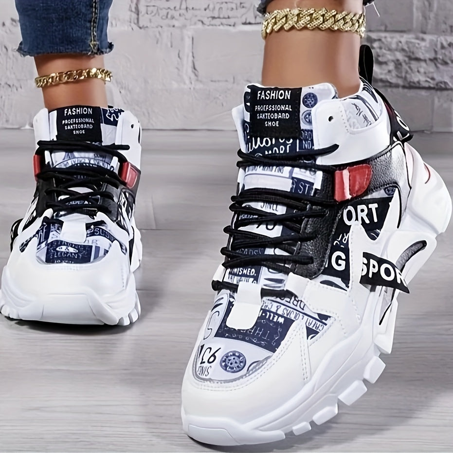 Sneakers Alte da Donna - Bianche con Accenti Graffiti Nero/Rosso/Grigio - Tomaia Sintetica Traspirante e Arco Ammortizzato EVA - Scarpe per Palestra, Viaggio e Lavoro - Lacci Bianchi e Opzioni Colore Nero/Rosso/Bianco