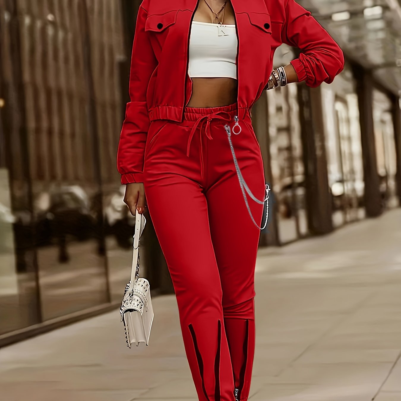 Completo Donna Due Pezzi con Zip - Felpa a Maniche Lunghe e Pantaloni a Righe, Stile Casual Elegante, Collezione Autunno/Inverno