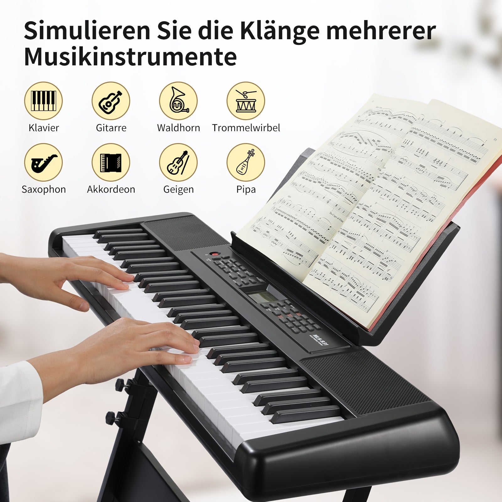 Tastiera Elettronica Portatile 61 Tasti, Pianoforte Digitale per Principianti con 300 Timbri, Display LCD, USB-MIDI, Leggio e Uscita Cuffie