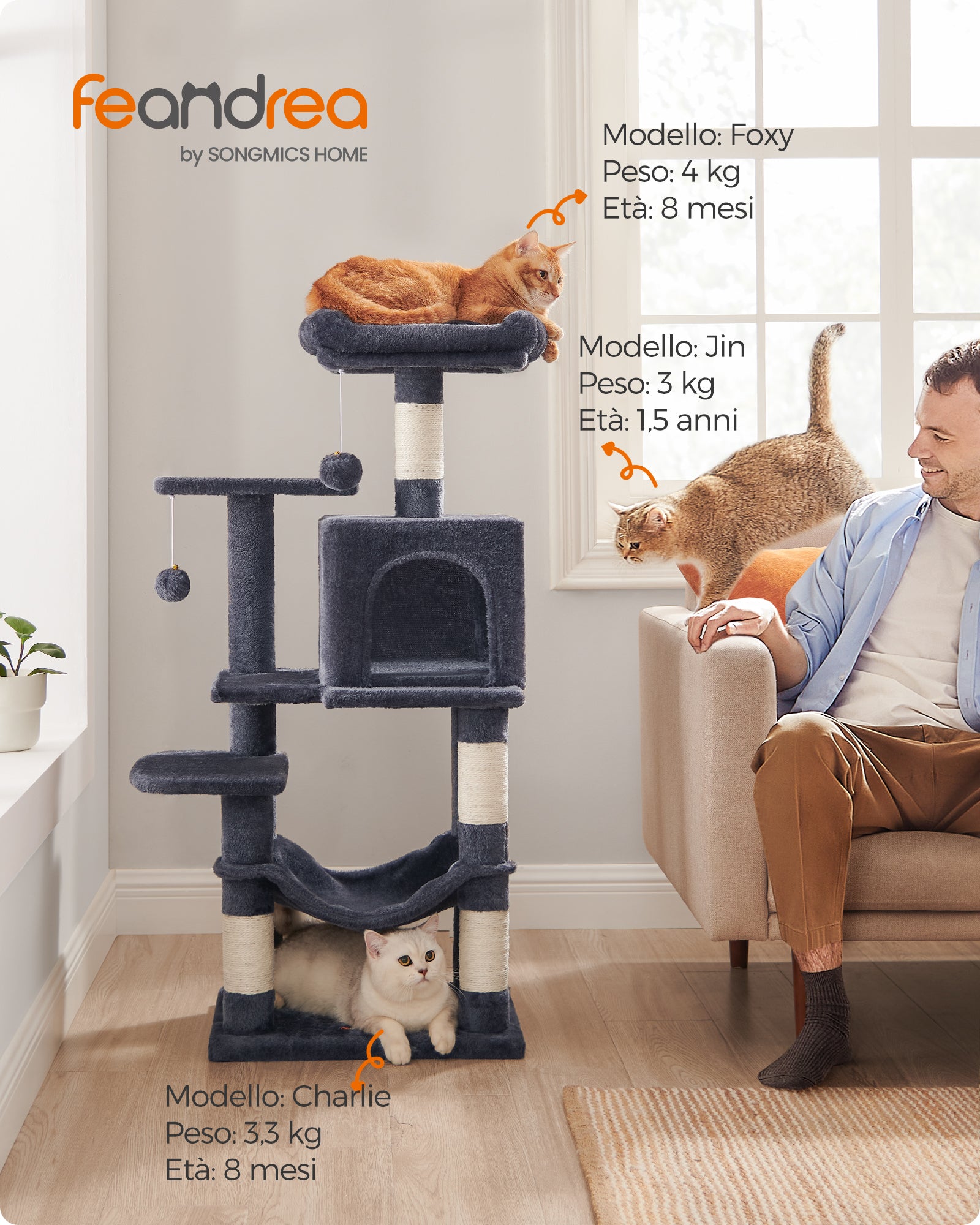 Feandrea Albero per Gatti 112 cm di Altezza, Tiragraffi per Gatti, con 4 Posti Tiragraffi, 2 Piattaforme, 1 Grotta, 1 Amaca, 2 Pompon, Peluche Multi-Livello