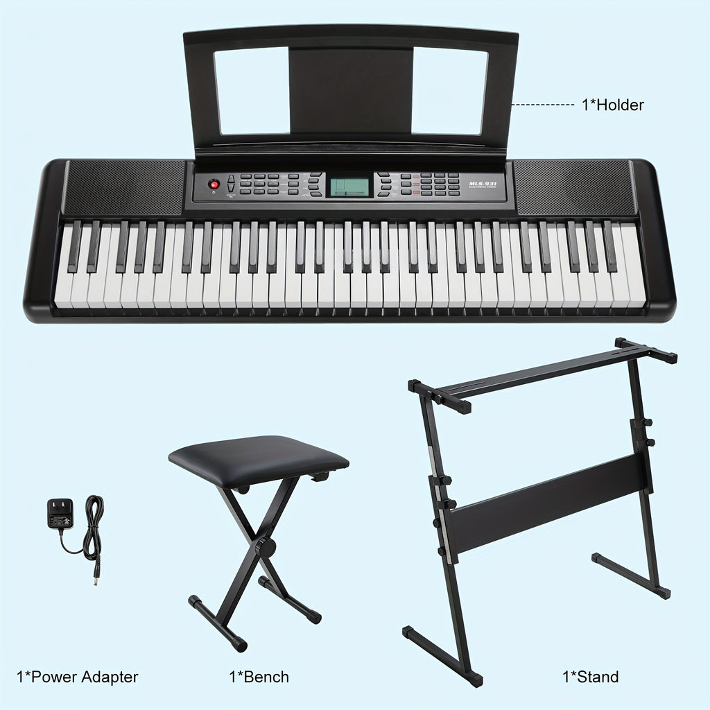 Tastiera Elettronica 61 Tasti, Pianoforte Digitale da Palco con Supporto e Panca, 300 Timbri MIDI Standard Integrati, 50 Brani Demo, Funzione MIDI, Idea Regalo per Natale, Compleanno e Festa degli Insegnanti