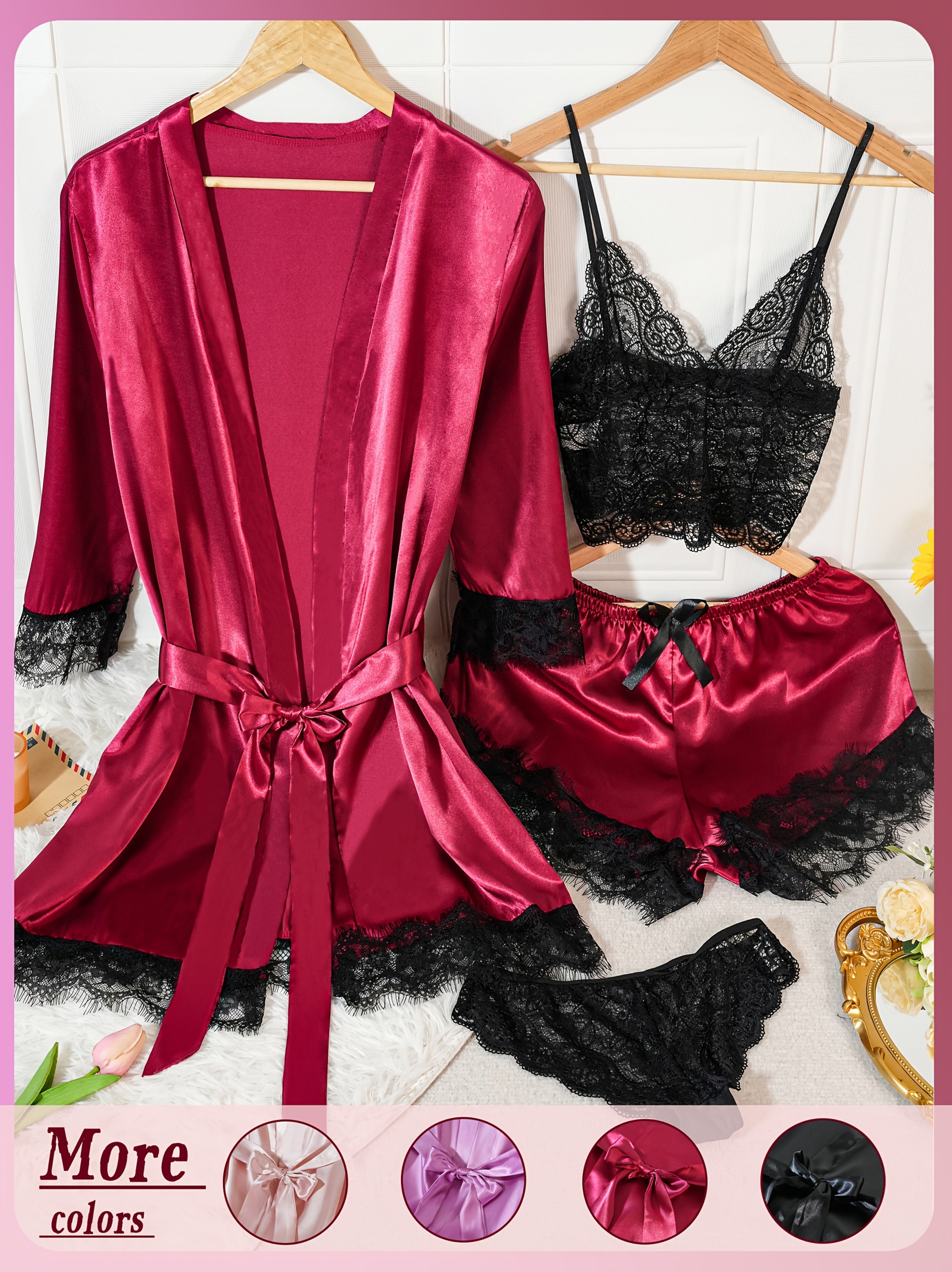 Set Intimo Elegante da Donna 4 Pezzi - Vestaglia a Maniche Lunghe con Pizzo e Coordinato Intimo (Reggiseno e Slip a Vita Alta) - Rosa/Nero/Blu Navy - Lavaggio a Mano