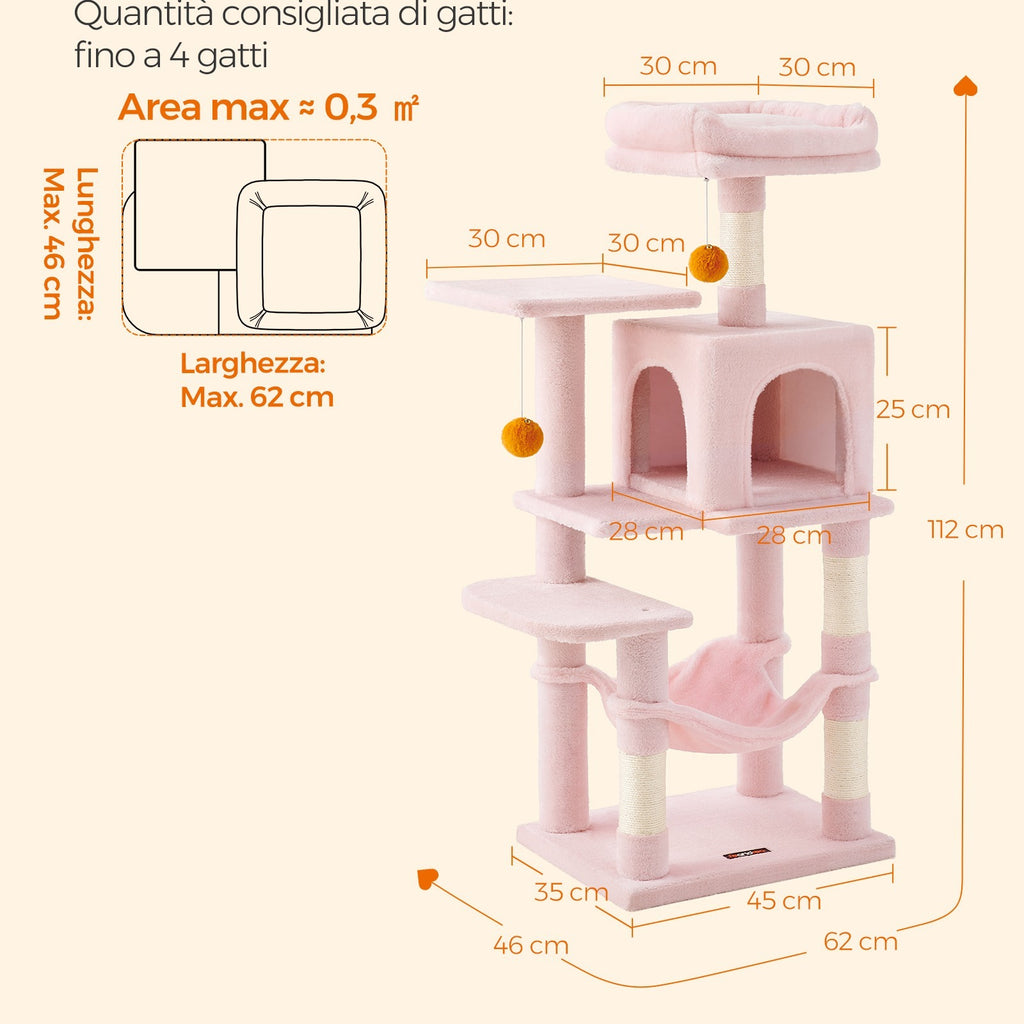 Feandrea Albero per Gatti 112 cm di Altezza, Tiragraffi per Gatti, con 4 Posti Tiragraffi, 2 Piattaforme, 1 Grotta, 1 Amaca, 2 Pompon, Peluche Multi-Livello