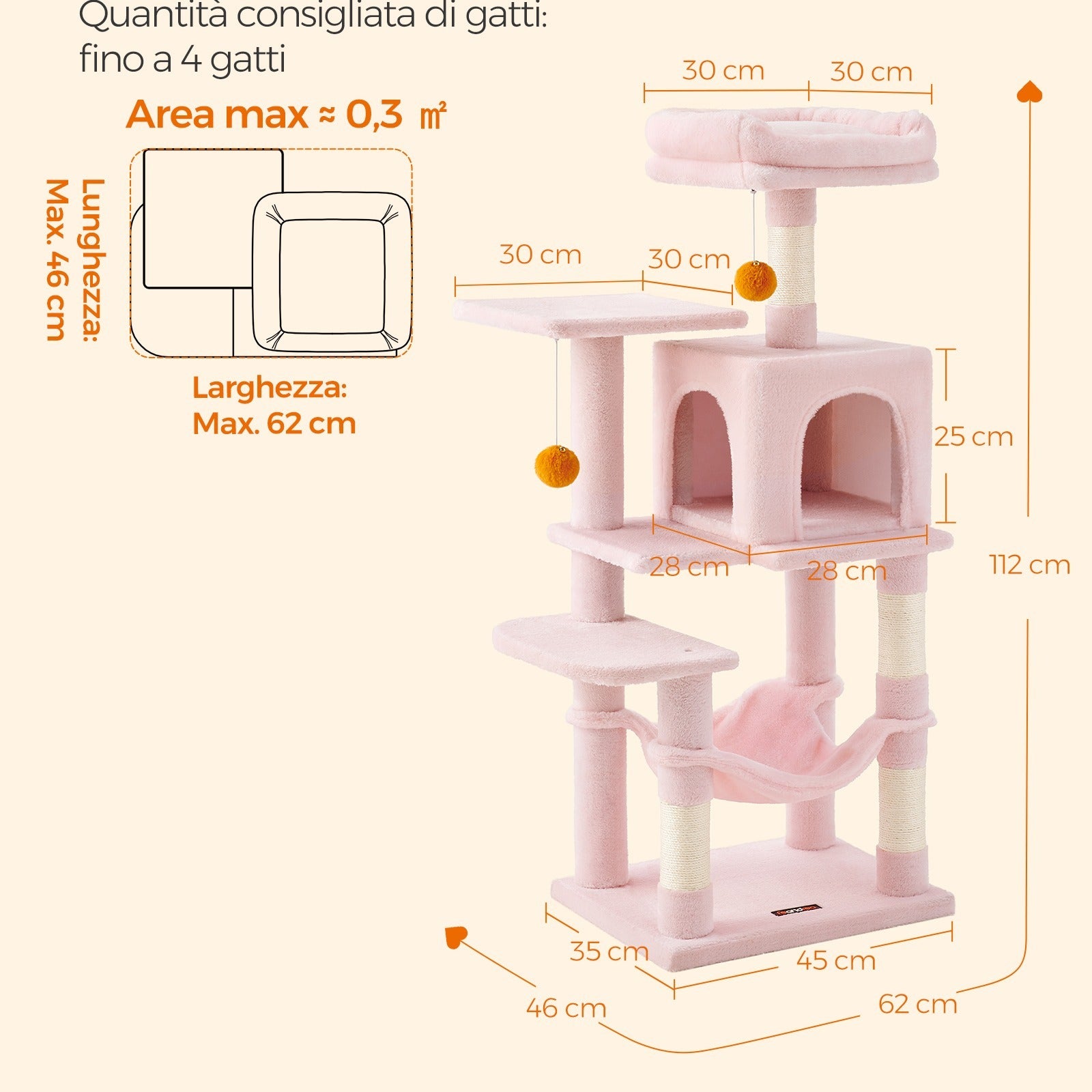 Feandrea Albero per Gatti 112 cm di Altezza, Tiragraffi per Gatti, con 4 Posti Tiragraffi, 2 Piattaforme, 1 Grotta, 1 Amaca, 2 Pompon, Peluche Multi-Livello