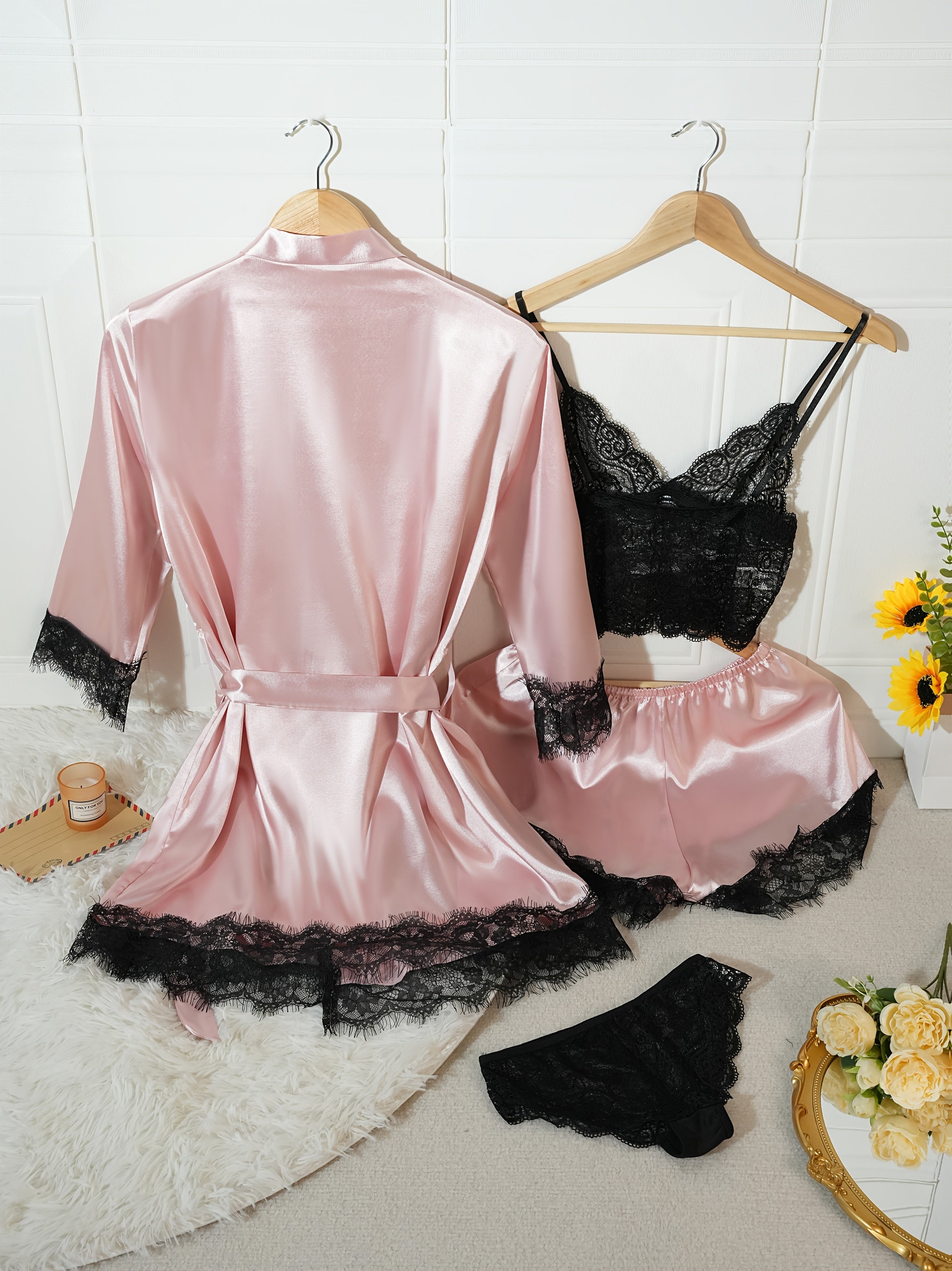 Set Intimo Elegante da Donna 4 Pezzi - Vestaglia a Maniche Lunghe con Pizzo e Coordinato Intimo (Reggiseno e Slip a Vita Alta) - Rosa/Nero/Blu Navy - Lavaggio a Mano