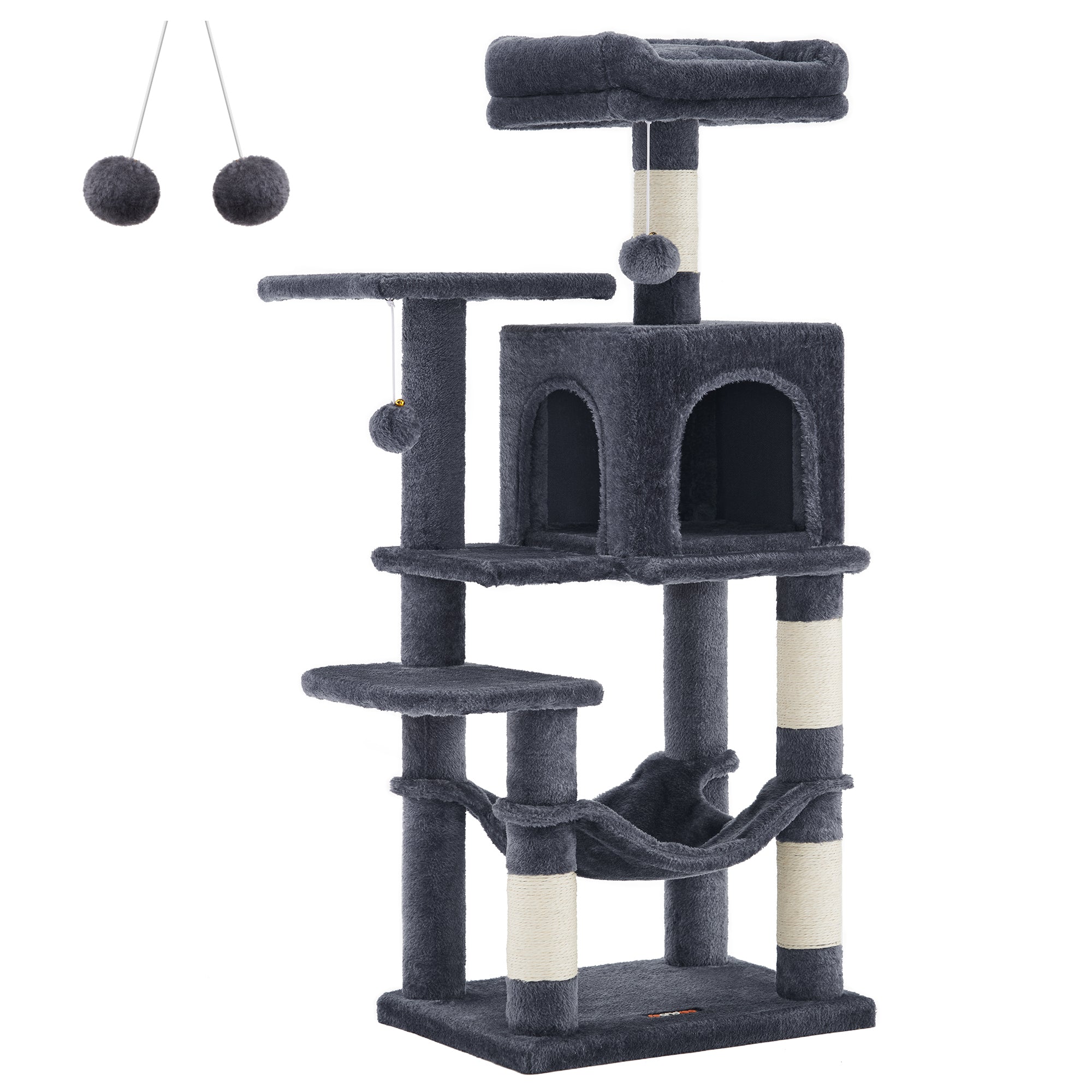 Feandrea Albero per Gatti 112 cm di Altezza, Tiragraffi per Gatti, con 4 Posti Tiragraffi, 2 Piattaforme, 1 Grotta, 1 Amaca, 2 Pompon, Peluche Multi-Livello