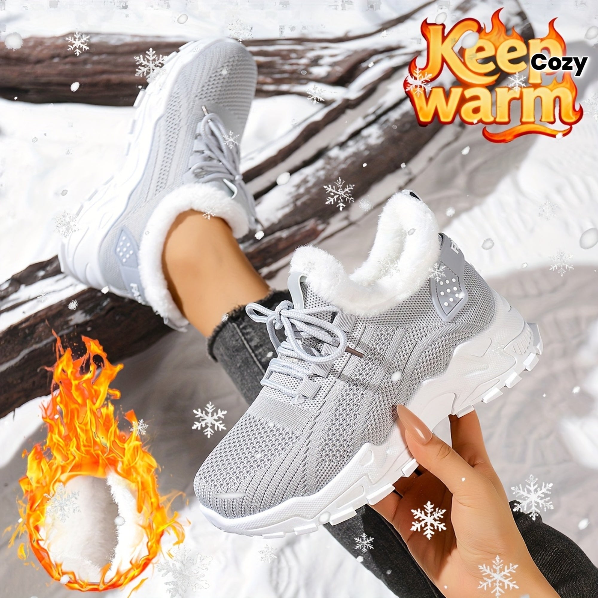 Stivaletti Invernali da Donna con Pelliccia - Stivaletti Corti Grigio/Bianco a Punta Tonda, Allacciatura alla Caviglia e Suola in PVC Antiscivolo per Ghiaccio - Comfort per Sci, Passeggiate e Viaggi (Leggeri)