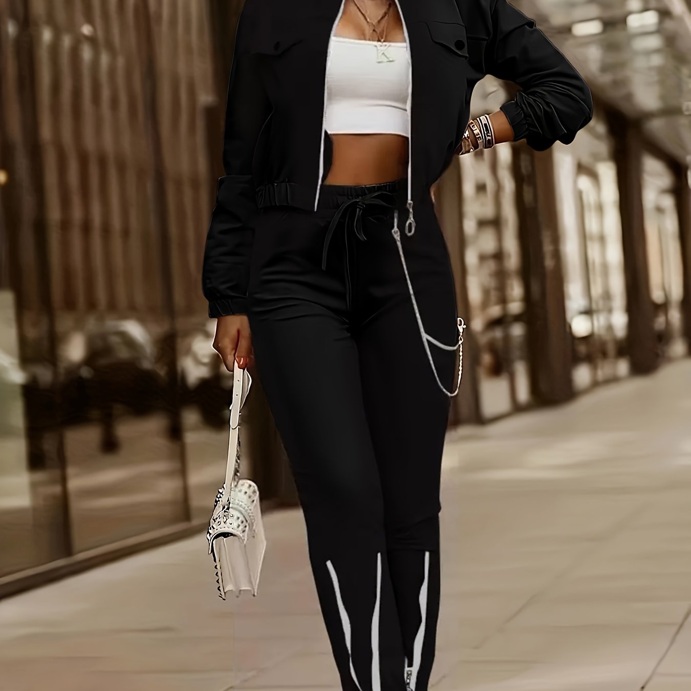 Completo Donna Due Pezzi con Zip - Felpa a Maniche Lunghe e Pantaloni a Righe, Stile Casual Elegante, Collezione Autunno/Inverno