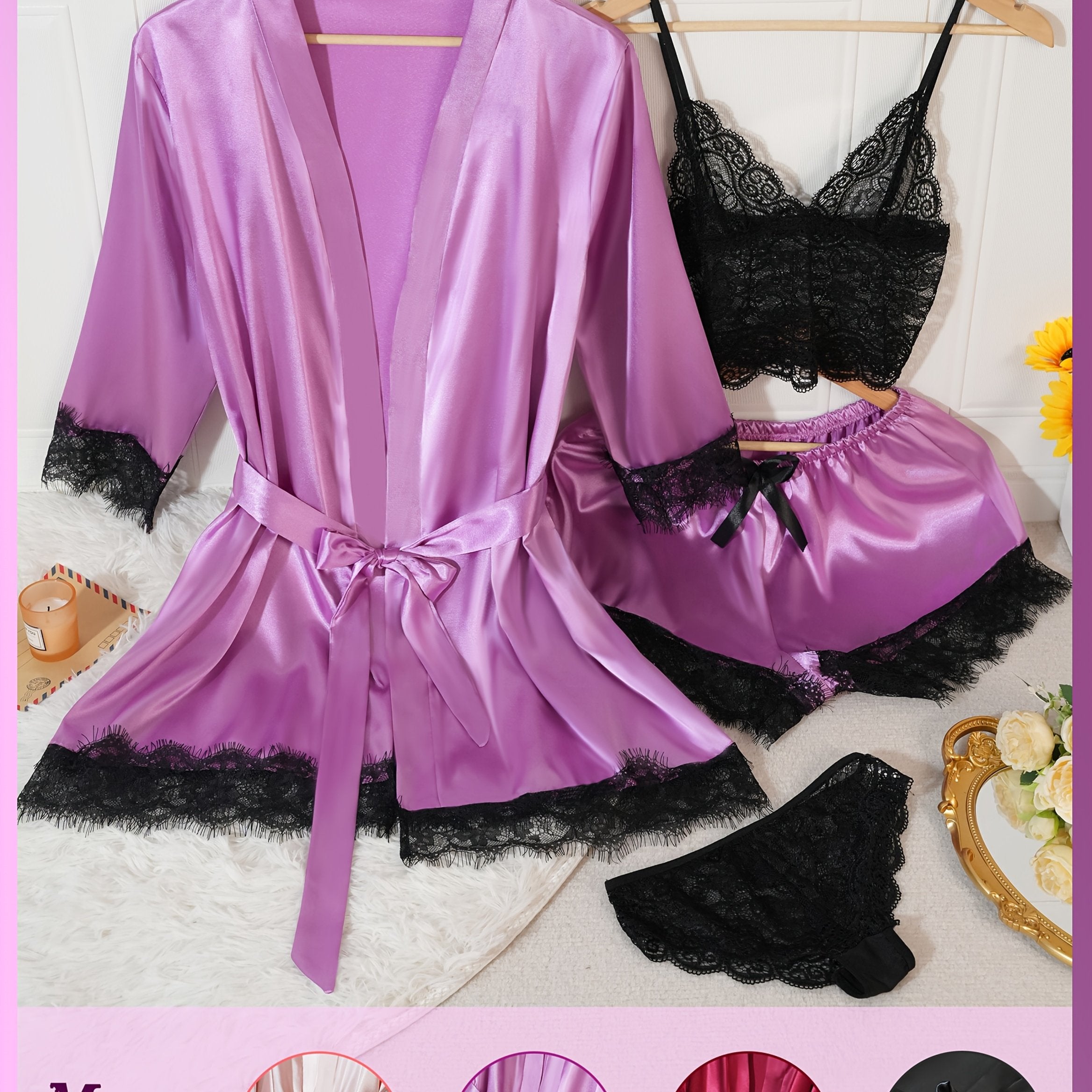 Set Intimo Elegante da Donna 4 Pezzi - Vestaglia a Maniche Lunghe con Pizzo e Coordinato Intimo (Reggiseno e Slip a Vita Alta) - Rosa/Nero/Blu Navy - Lavaggio a Mano