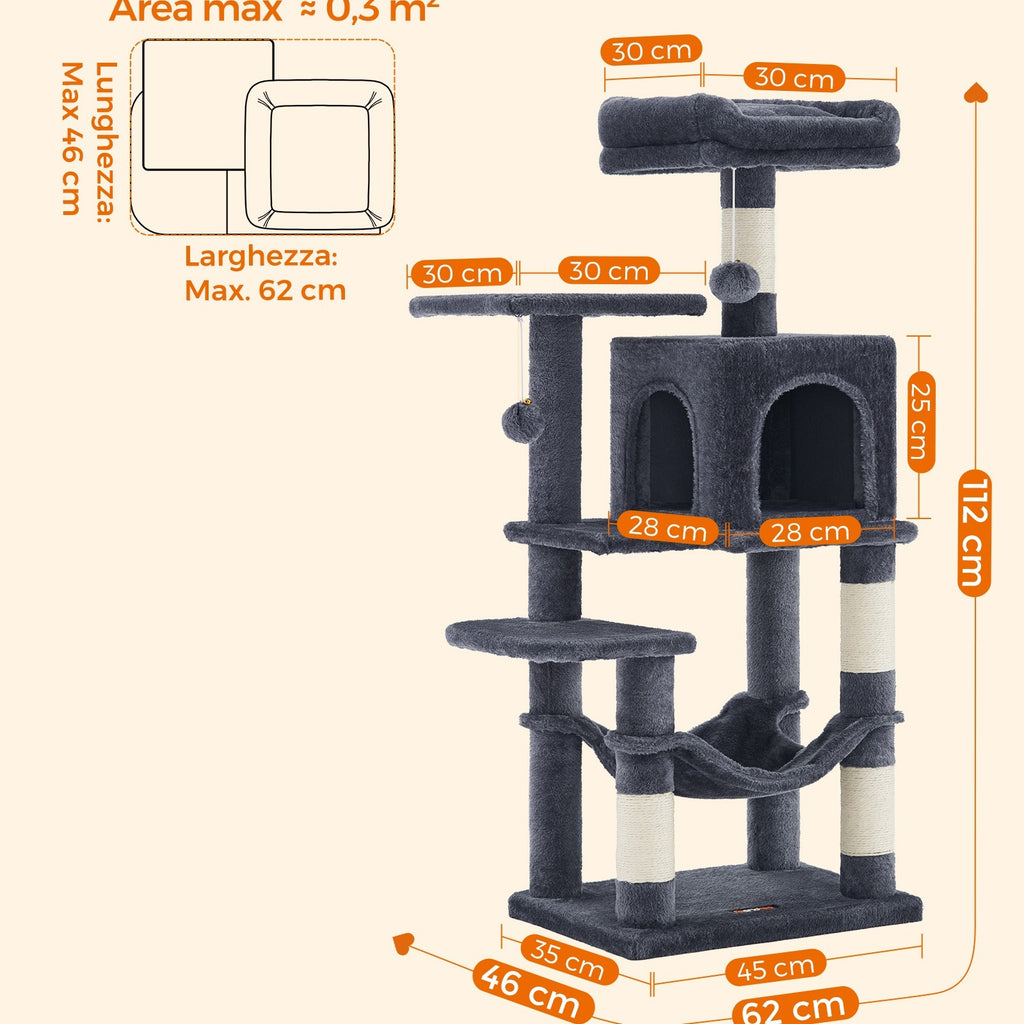Feandrea Albero per Gatti 112 cm di Altezza, Tiragraffi per Gatti, con 4 Posti Tiragraffi, 2 Piattaforme, 1 Grotta, 1 Amaca, 2 Pompon, Peluche Multi-Livello