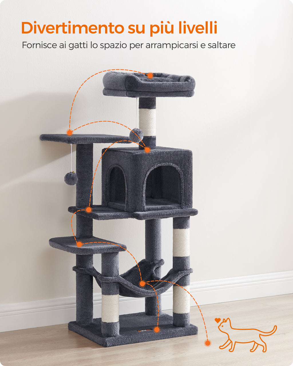 Feandrea Albero per Gatti 112 cm di Altezza, Tiragraffi per Gatti, con 4 Posti Tiragraffi, 2 Piattaforme, 1 Grotta, 1 Amaca, 2 Pompon, Peluche Multi-Livello