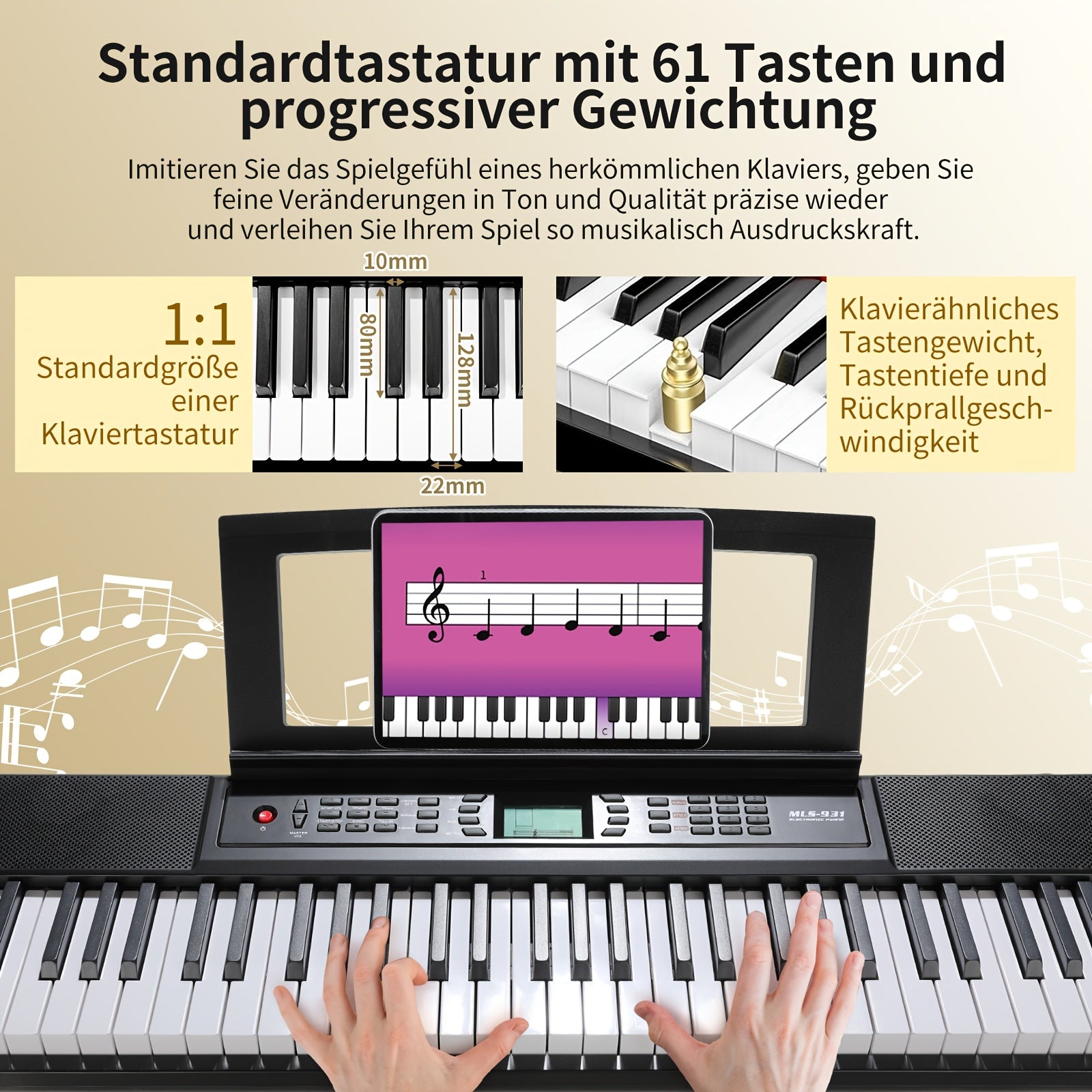 Tastiera Elettronica Portatile 61 Tasti, Pianoforte Digitale per Principianti con 300 Timbri, Display LCD, USB-MIDI, Leggio e Uscita Cuffie