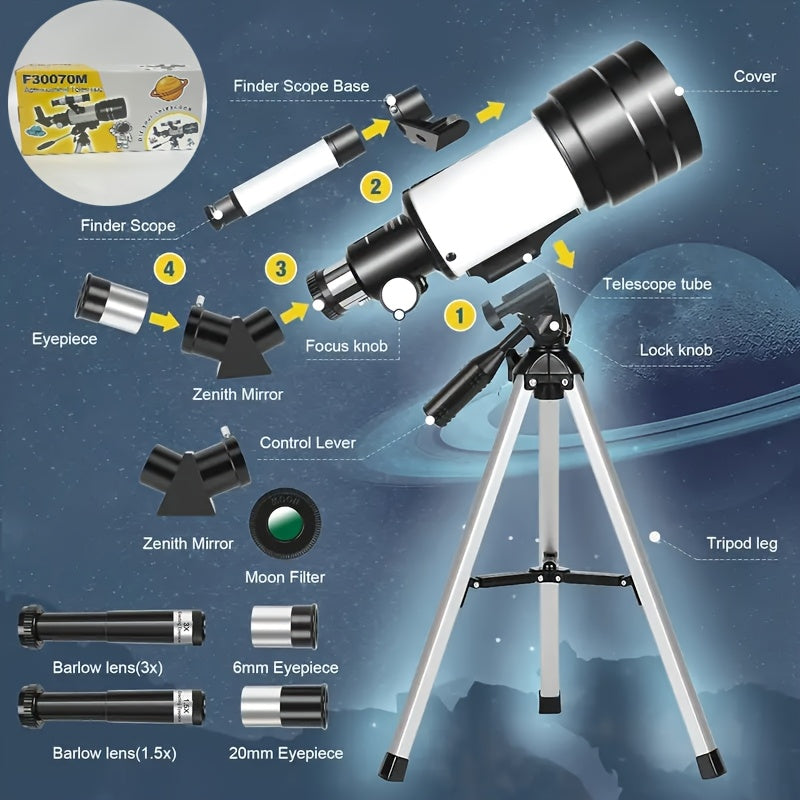 Telescopio Astronomico 150X, Apertura 70mm per Adulti - Perfetto per Campeggio, Osservazione Naturalistica, Educazione ed Esplorazione - Il Miglior Telescopio per Principianti, Regalo Ideale per Uomini e Famiglia