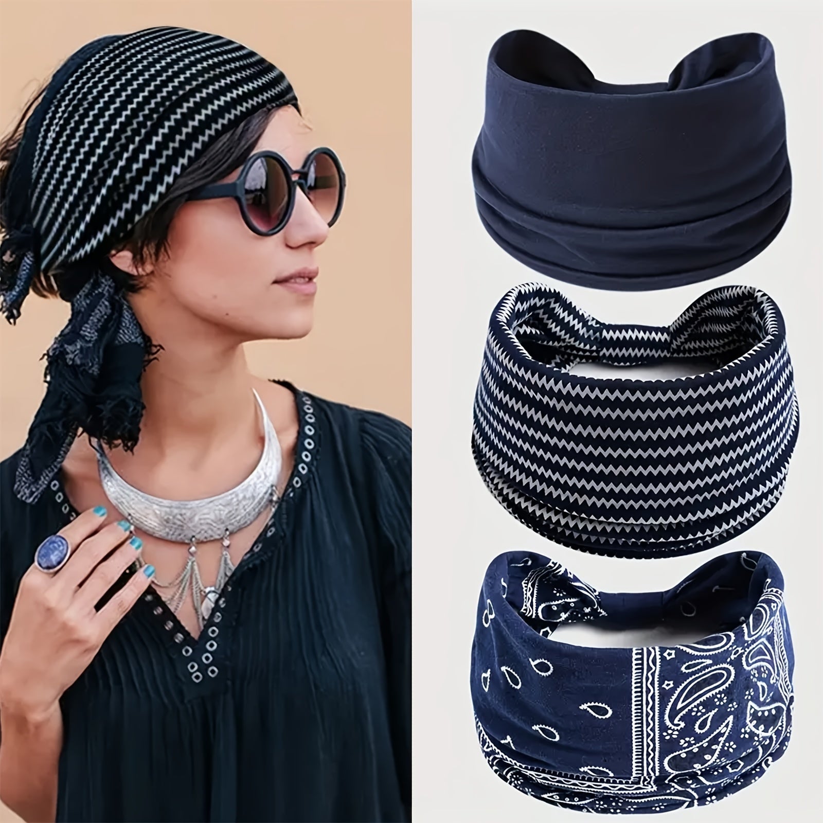 Set 3 Fasce Capelli Larghe Elastiche Bohémien - Yoga e Palestra