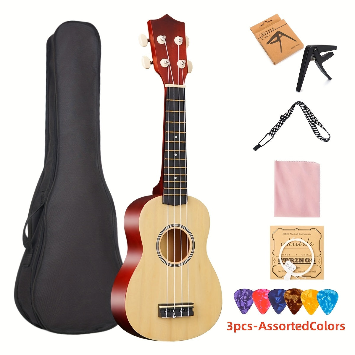 Ukulele Professionale 53,34 cm con Zaino, Tracolla, Corde e Panno - 3 Plettri Inclusi