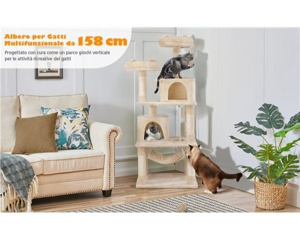 Albero per Gatti Multi-Livello 158cm | Tiragraffi con Amache e Piattaforme | Costoffs