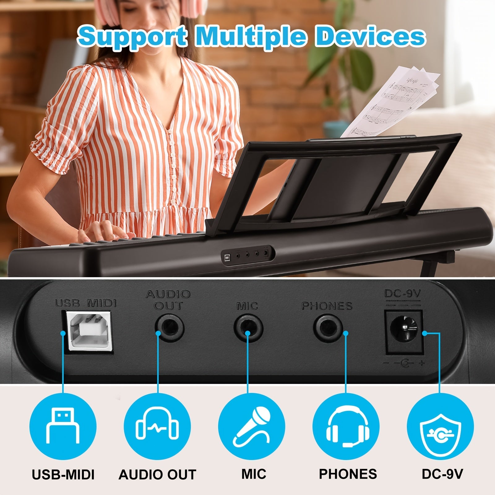 Tastiera Elettronica 61 Tasti, Pianoforte Digitale da Palco con Supporto e Panca, 300 Timbri MIDI Standard Integrati, 50 Brani Demo, Funzione MIDI, Idea Regalo per Natale, Compleanno e Festa degli Insegnanti